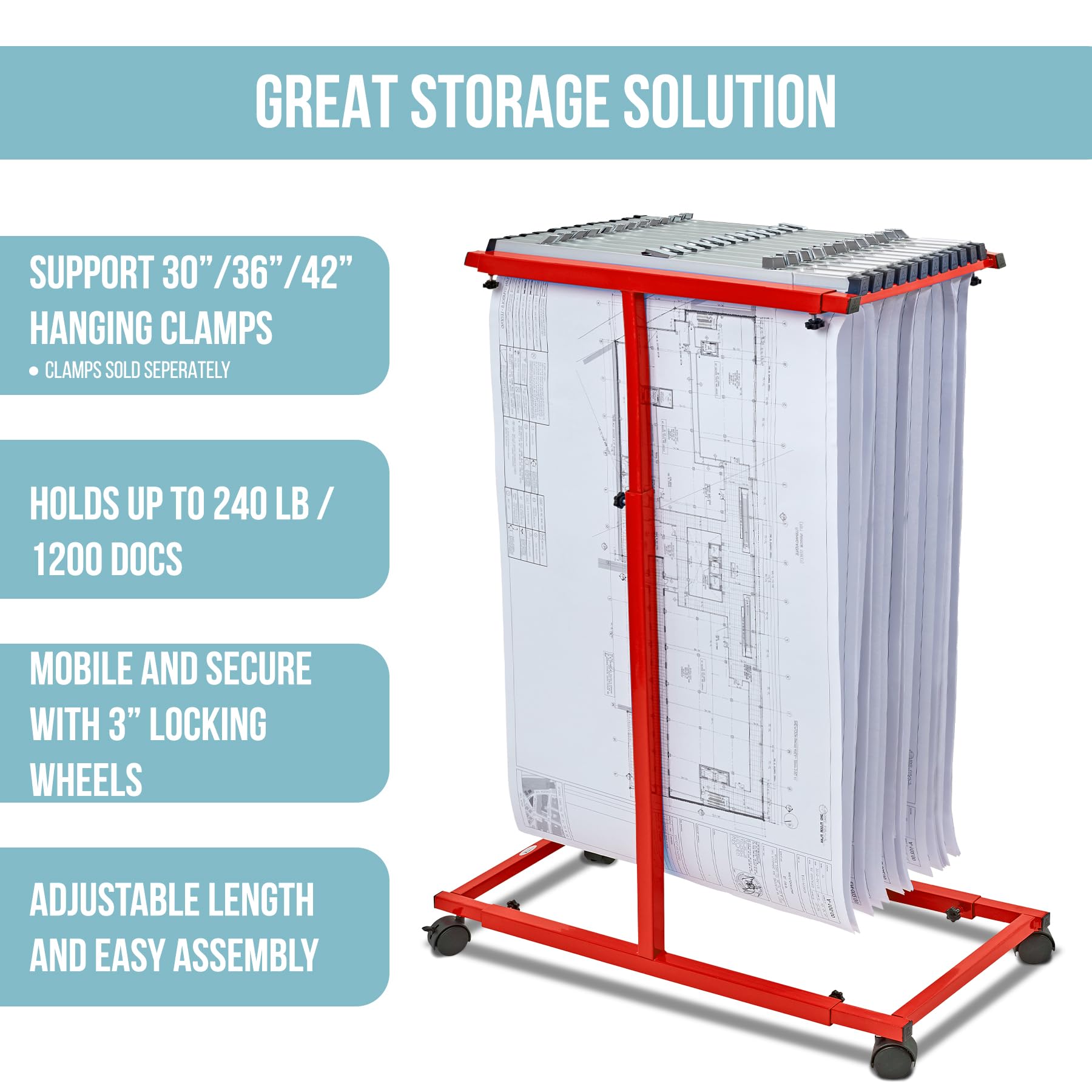 Adir Mobile Blueprint Holder - Adjustable Blueprint Storage Organizer for Construction Plans, Blueprints & Documents - Jobsite & Office Use - Perfect for Architects, Engineers & Contractors (Without Clamps)