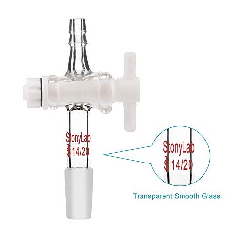StonyLab PTFE Vacuum Flow Control Adapter with 14/20 Joint & Hose Connector - Lab Glassware Accessory for Chemistry Experiments & Distillation Setups