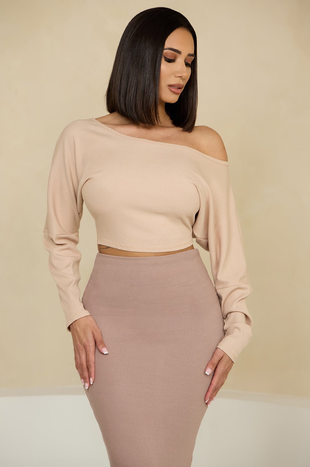 HMS Skins: Tan Baby Rib Off Shoulder Long Sleeve T-Shirt for Women - Casual Chic Outfit for Date Night & Weekend Brunch