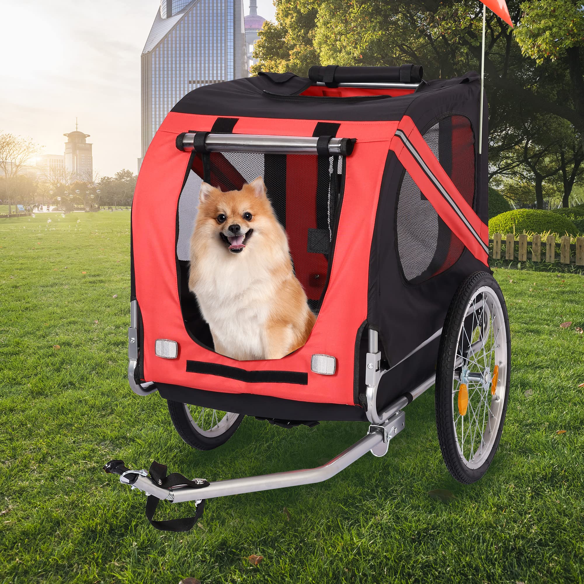 Foldable Bike Dog Trailer with 3 Entry Points - Safety Flag & 8 Reflectors, 20