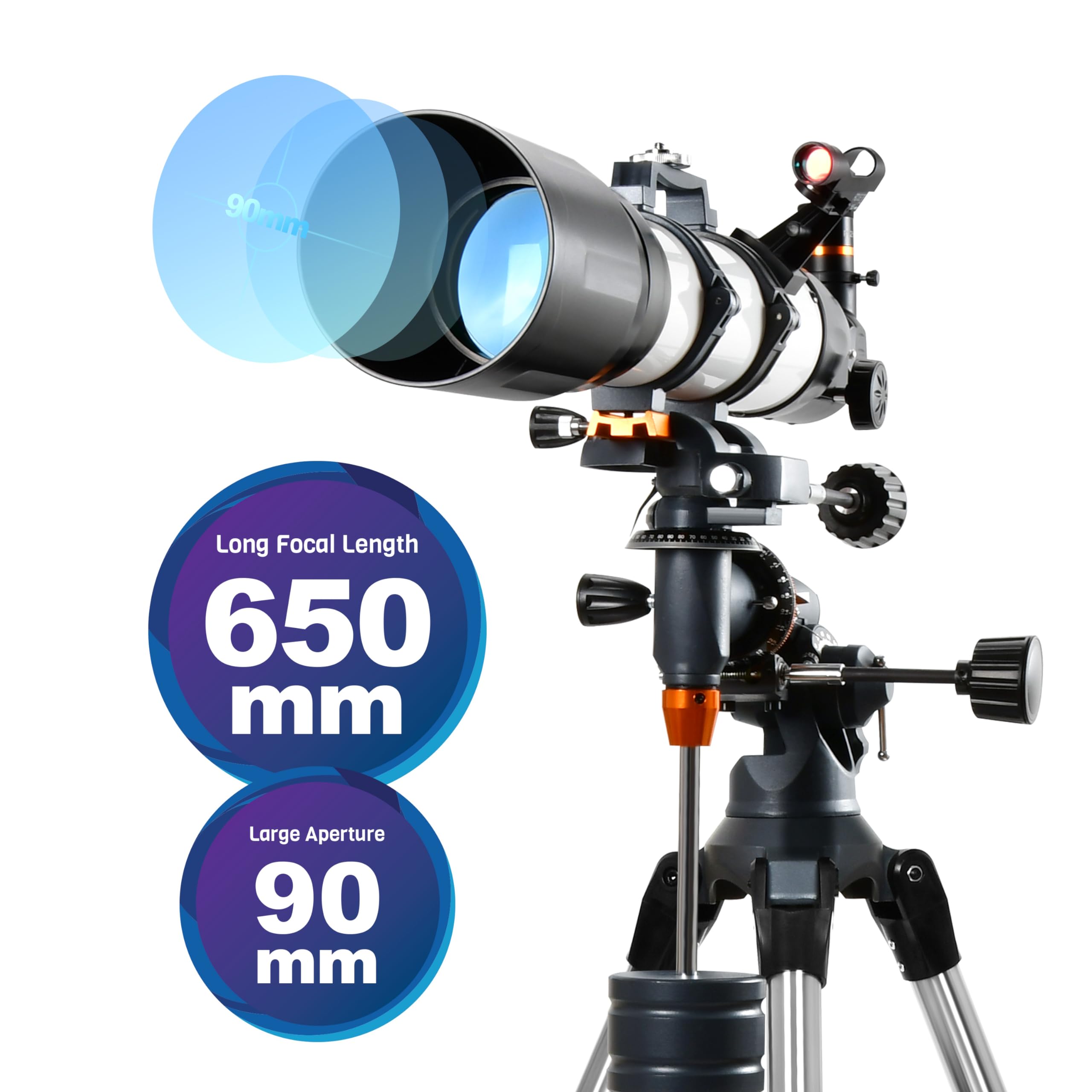 AOMEKIE 90mm Aperture 650mm Professional Astronomy Refractor Telescope for Adults - EQ Mount, 2 Plossl Eyepieces, Bluetooth Controller, Phone Adapter & Finderscope - Perfect for Stargazing, Moon Observation & Astrophotography