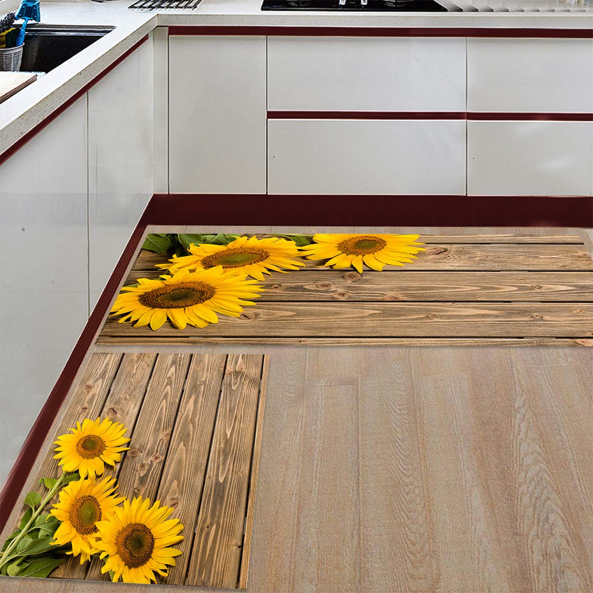Farmhouse Sunflower Kitchen Rugs Set of 2 - Non-Slip Washable Anti-Fatigue Mats for Kitchen, Bathroom & Living Room (19.7x31.5in + 19.7x63in) | Rustic Decor, Absorbent Doormat for Home, Bedroom & Entryway - Perfect for Farmhouse Style & High Traffic Areas