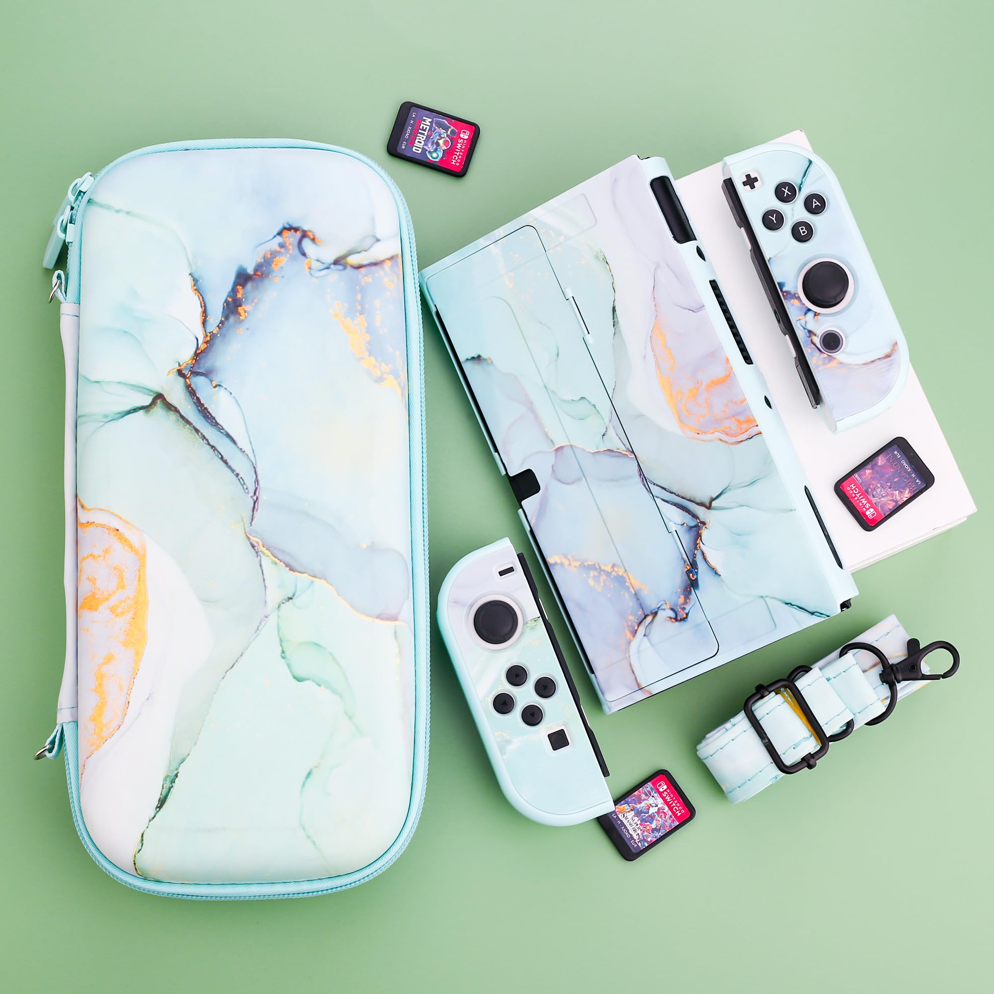 Premium Hard Shell Travel Case for Nintendo Switch OLED - Green Marble Protective Cover with Screen Protector, Adjustable Shoulder Strap & 2 Thumb Grips | Durable Portable Storage Solution for Gaming On-The-Go, Travel Protection & Home Organization