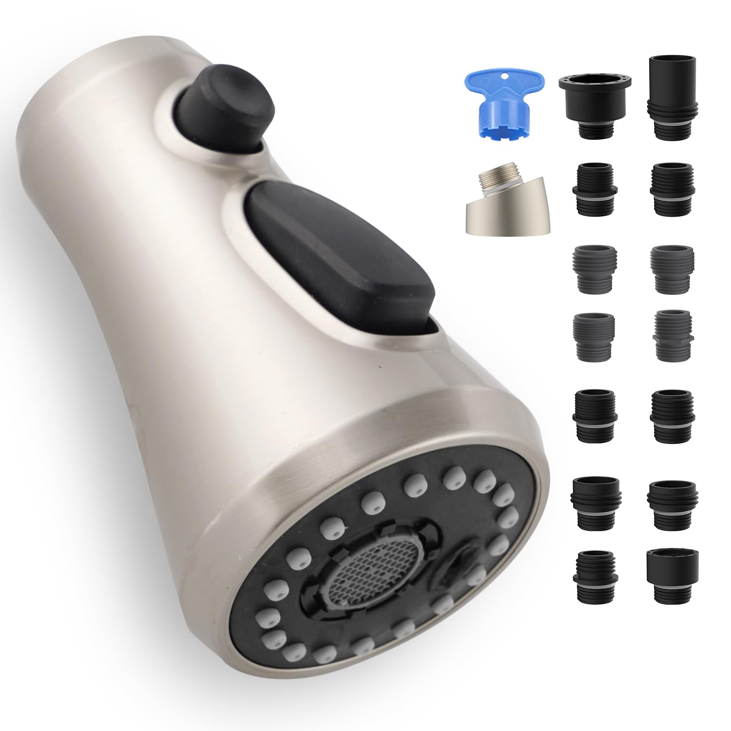 Universal Kitchen Faucet Head Replacement - Compatible with Kohler/Moen/Delta Faucets - 15 Adapter Kit - 3 Function Pull Down Sink Spray Head - Brushed Nickel Finish - Ideal for Kitchen Renovation & Sink Upgrades