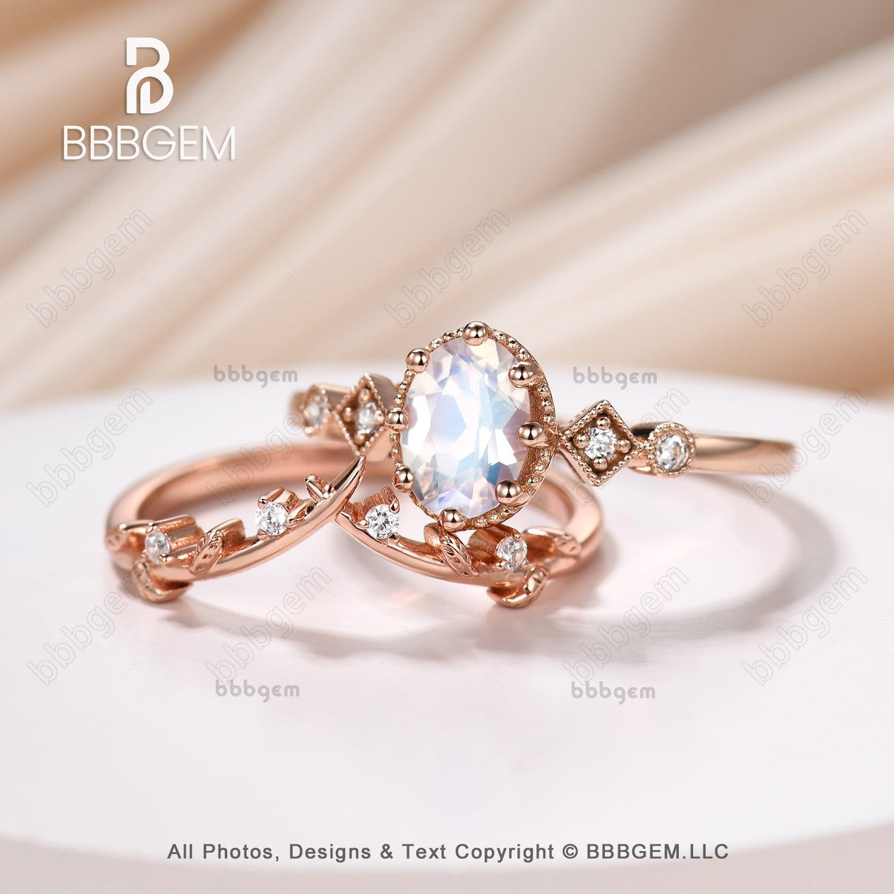 Vintage Art Deco 14K Rose Gold Moissanite & Moonstone Statement Ring Set - 5 Stone Oval Bridal Ring for Women - Perfect for Weddings, Anniversaries & Special Occasions