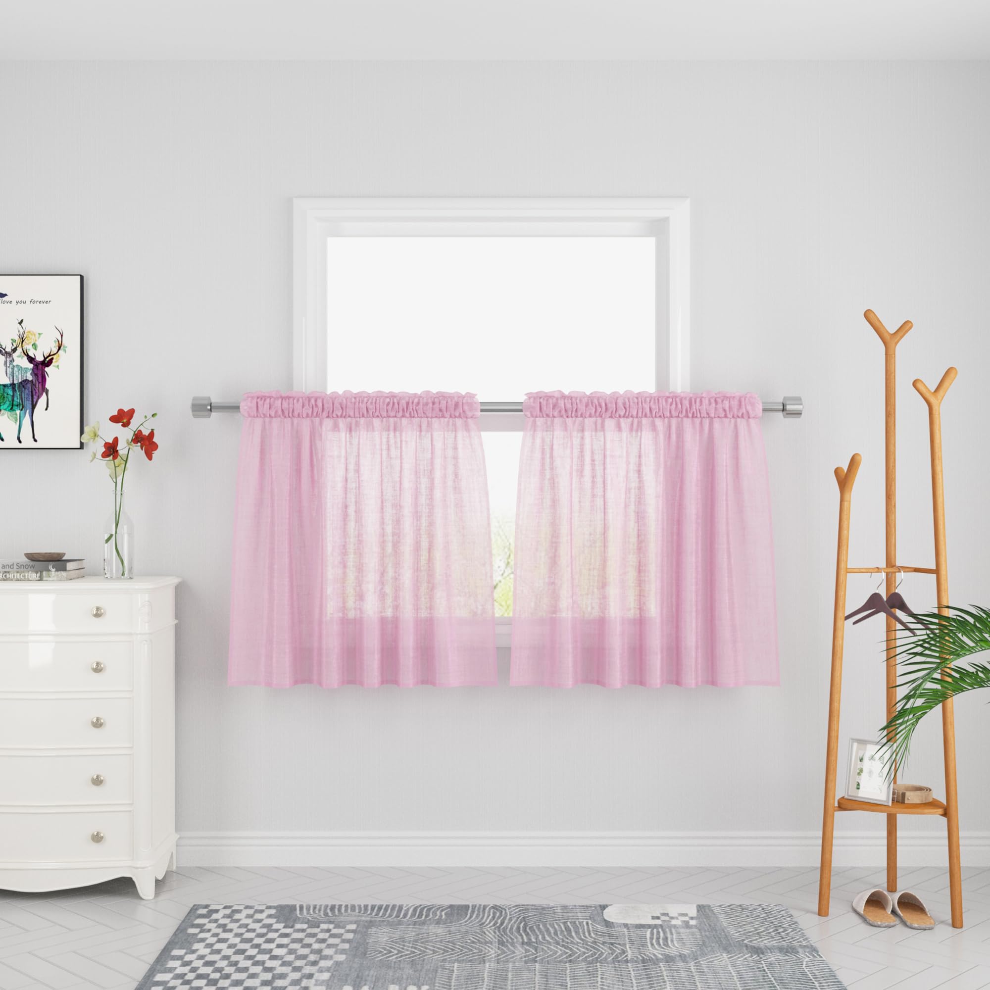 UPOPO Pink Sheer Voile Curtains 36 Inches Long - 2 Panels Linen Textured Tiered Kitchen Cafe Curtains with Rod Pocket for Girls Nursery, Bathroom, Basement Windows & Doors | Light Filtering, Privacy, Decorative Home Decor