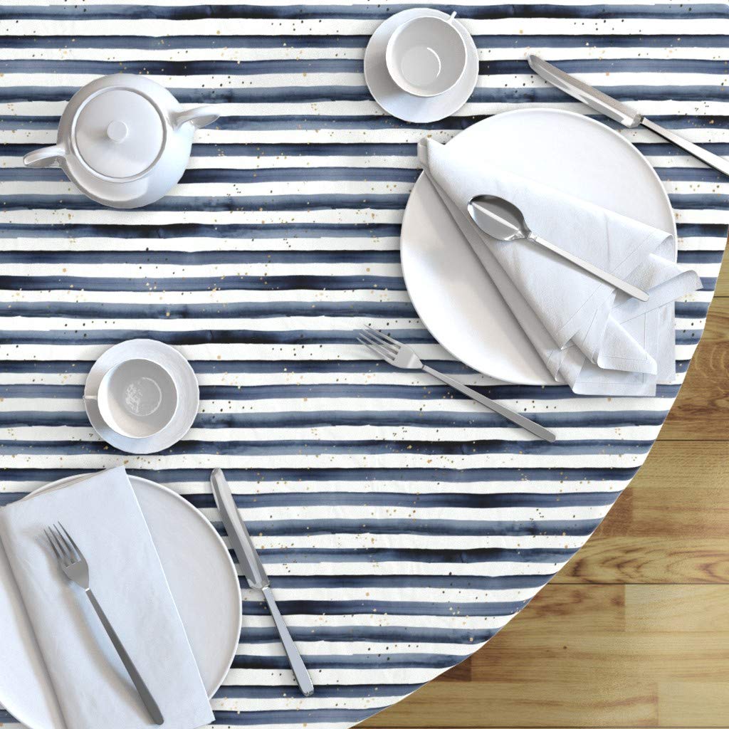 Custom Navy Blue Watercolor Stripe Gold Dots Cotton Sateen Tablecloth 70