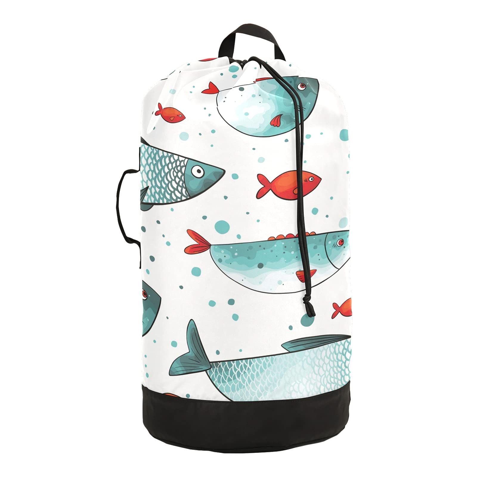 Funny Fishes Laundry Backpack with Drawstring Closure - Waterproof Travel Laundry Hamper for College, Gym, Dorm, Apartment & Laundromat | Portable Clothes Storage Bag for Camping & Beach Trips