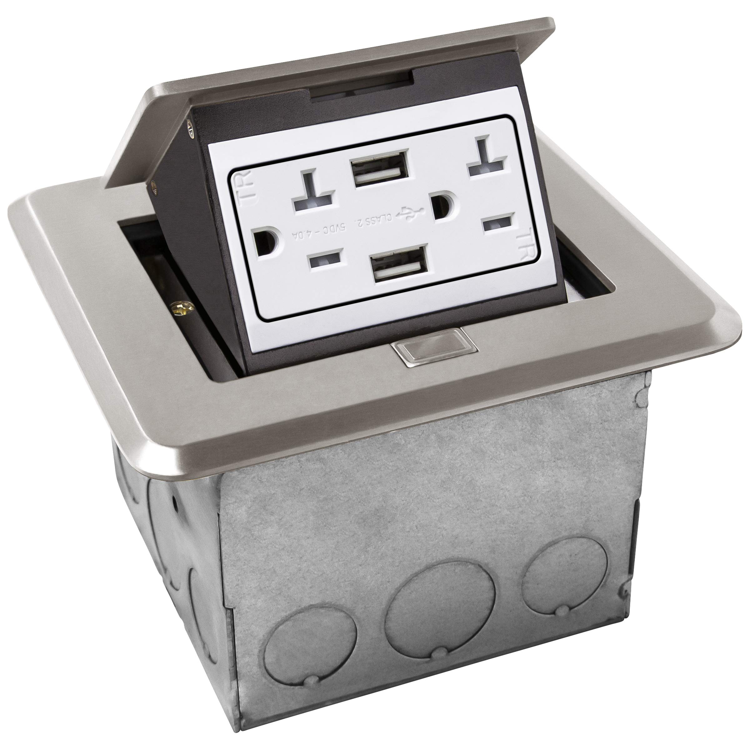 ENERLITES Soft Pop-Up Square Floor Box Kit with 4A USB Charging & 20A Tamper-Proof Weather-Resistant Outlet - Watertight Gasket, Corrosion-Resistant Nickel Plated Brass Cover (Model 961248-S-USB) - Ideal for Outdoor Patios, Decks & Commercial Spaces