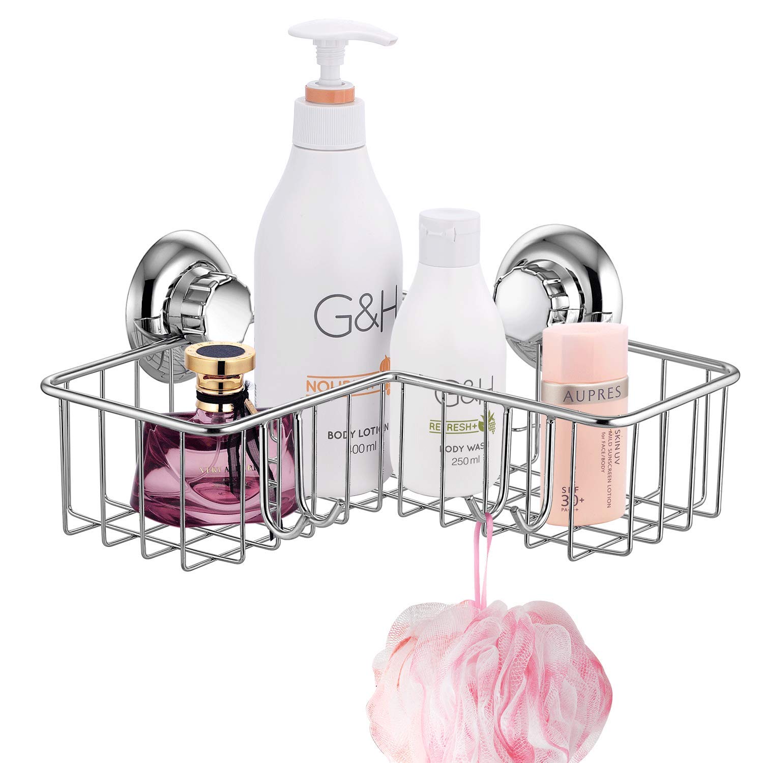 MaxHold No-Drilling Suction Cup Deep Corner Storage Basket with 4 Hooks - Vacuum System - Rustproof Stainless Steel - for Bathroom & Kitchen Organization - Perfect for Shower Caddies, Sponge Holders & Cleaning Supplies Storage