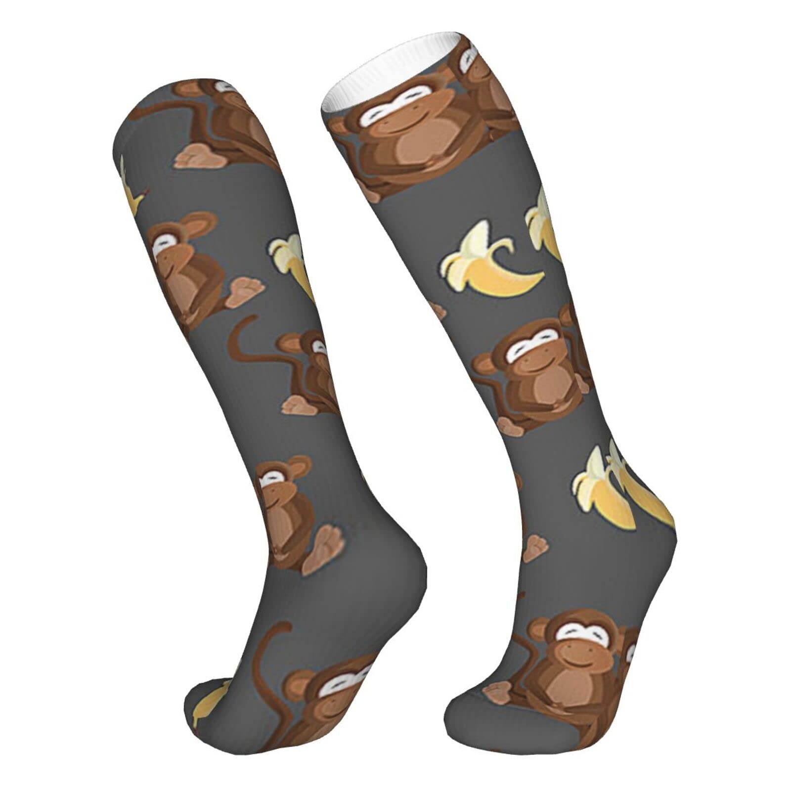 Women's & Men's Cotton Knee High Socks - Soft Cushioned Compression Crew Socks with Fun Banana Monkey Design for Work, Casual Wear & Sports