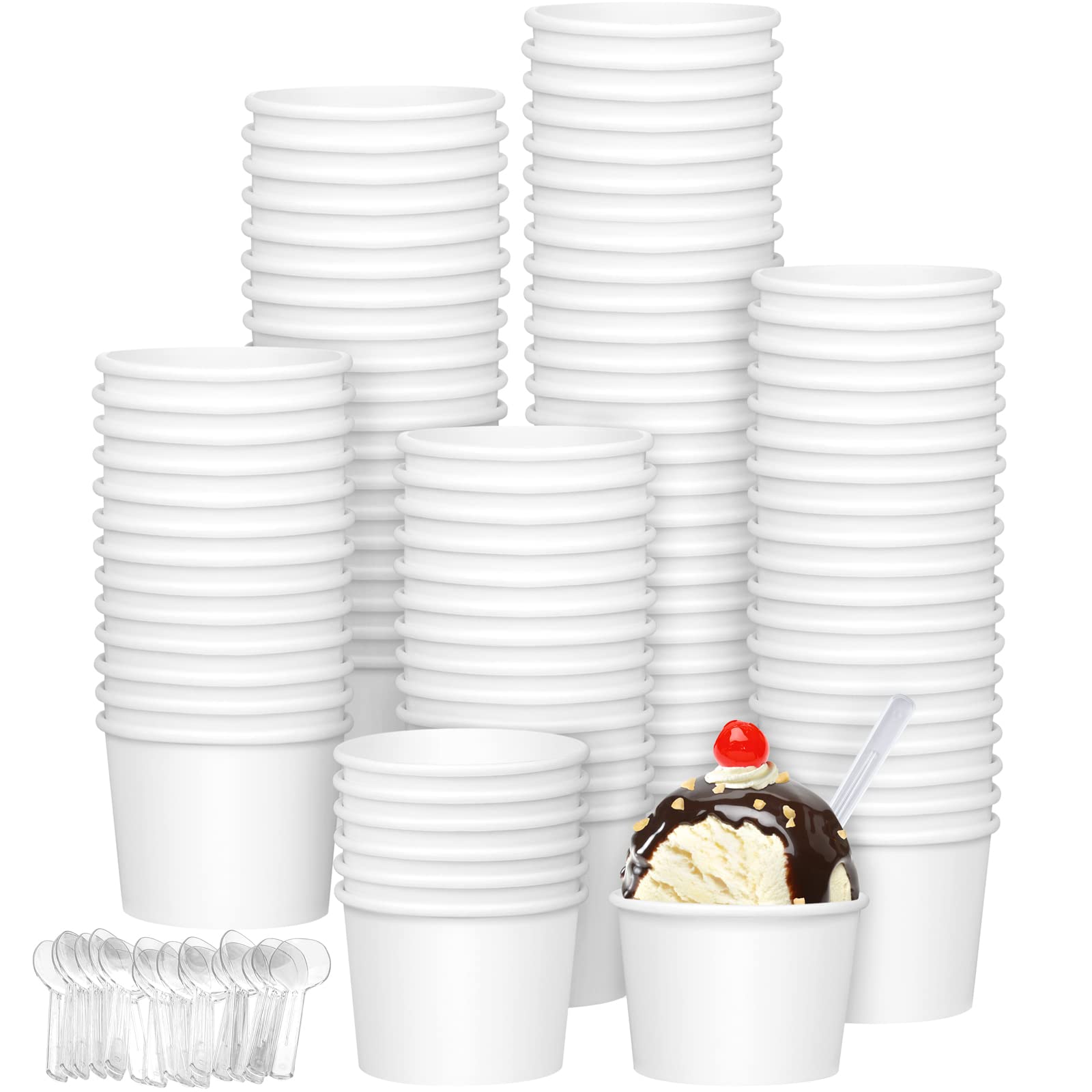 120-Piece Aodaer Disposable Paper Ice Cream Cups & Bowls with Plastic Spoons - 5oz White Dessert Containers for Sundaes, Soups, Party Treats | Ideal for Ice Cream Parlors, Catering, and Home Entertaining