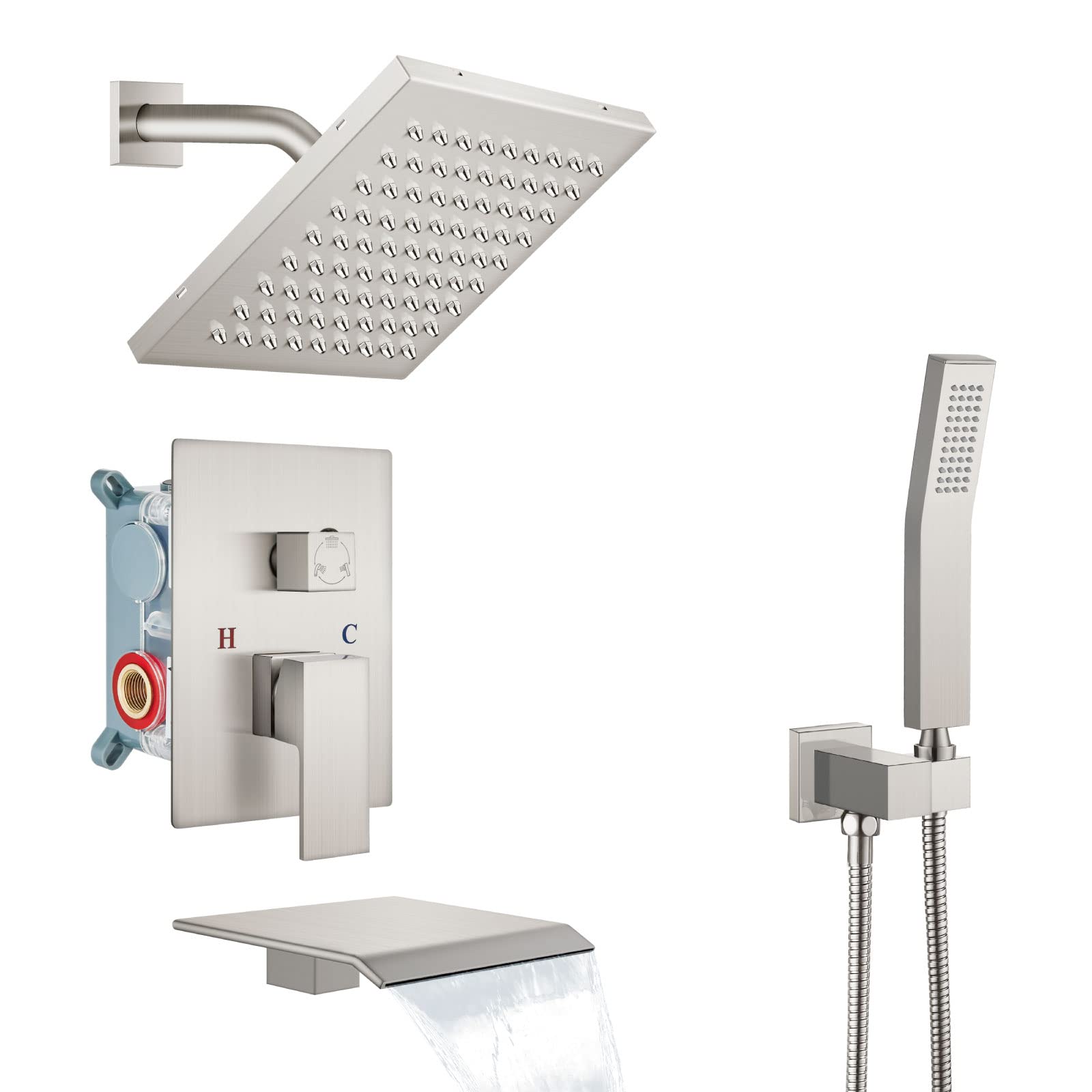 Aolemi 8 Inch Brushed Nickel Wall Mount Shower System - Waterfall Tub Filler with Handheld Shower Head, Luxury Rainfall Shower Faucet Set & Rough-In Valve for Modern Bathroom & Spa Experience