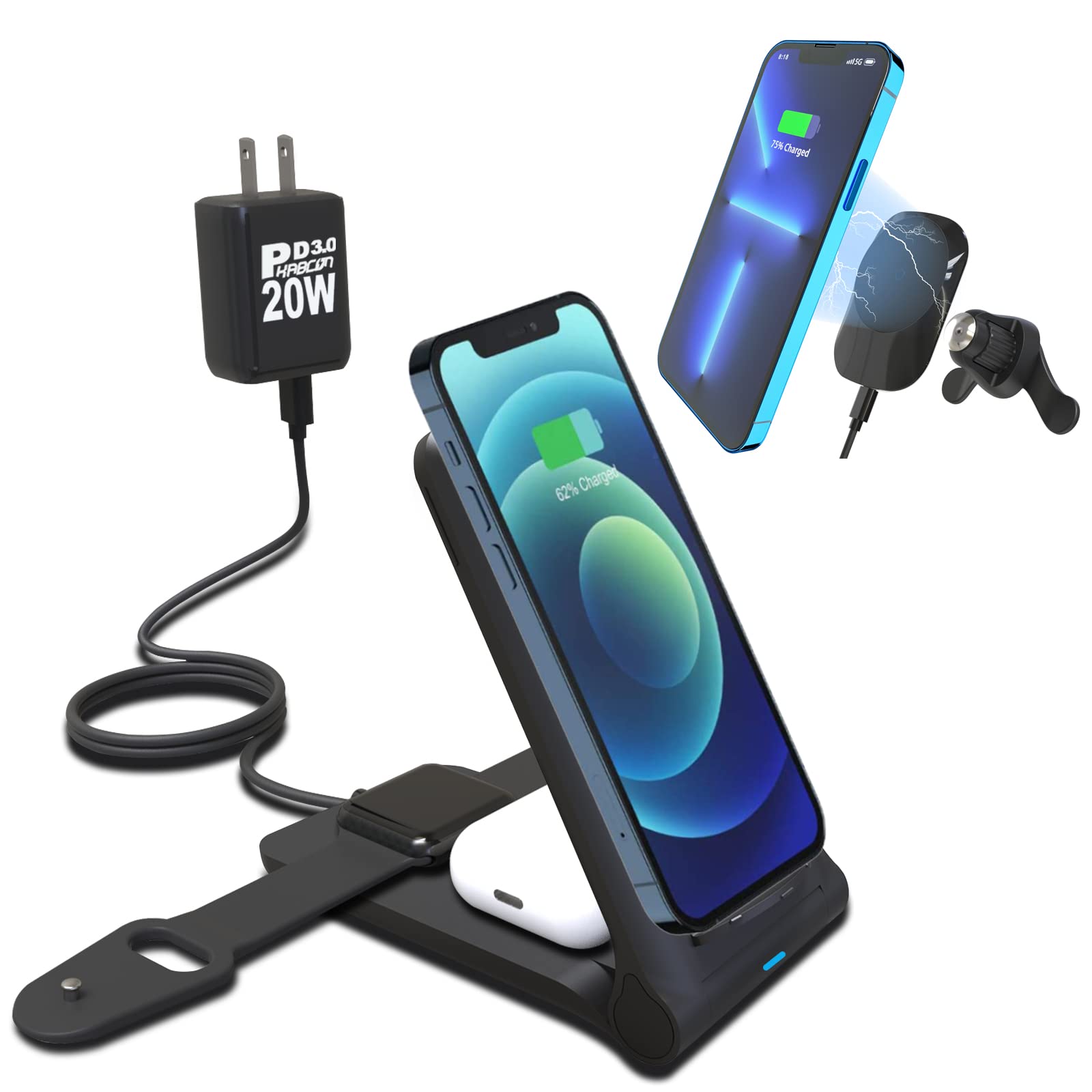 3-in-1 Foldable Magnetic Wireless Charging Station & Car Mount - Fast Charging for iPhone 15/14/13/12, Samsung Galaxy S23/S22 - Perfect for Home, Office & Car Travel
