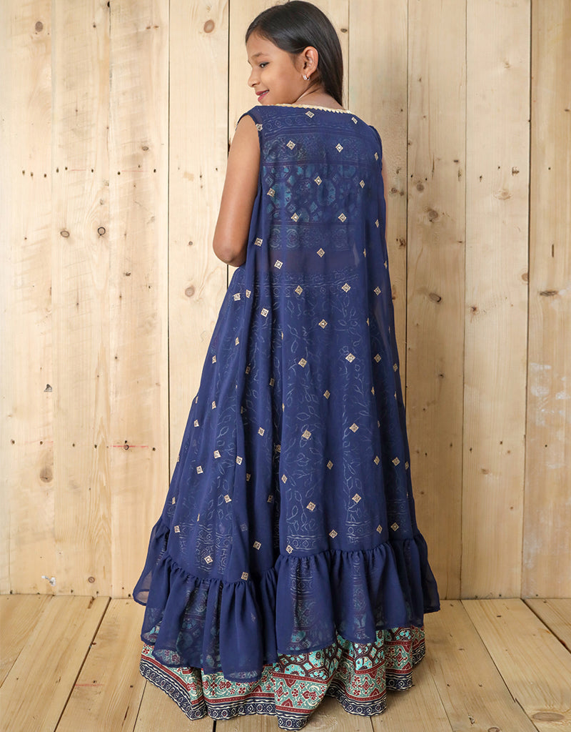 All-Season Designer Silk Digital Print Work Shrug with Sequins - Blue Kids Lehenga Choli Set | Perfect for Festivals, Weddings & Special Occasions