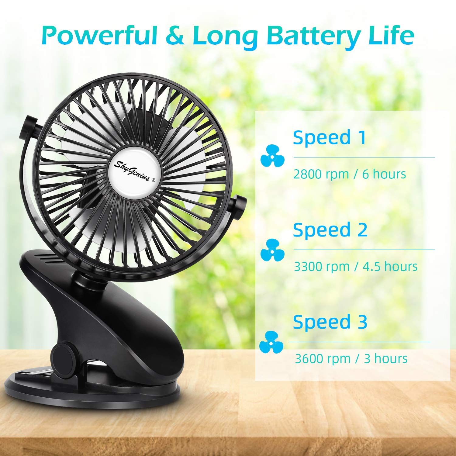 SkyGenius Rechargeable USB Clip-On Stroller Fan - Portable Battery Operated Mini Desk Fan for Baby Stroller, Car Seat, Office & Home Use