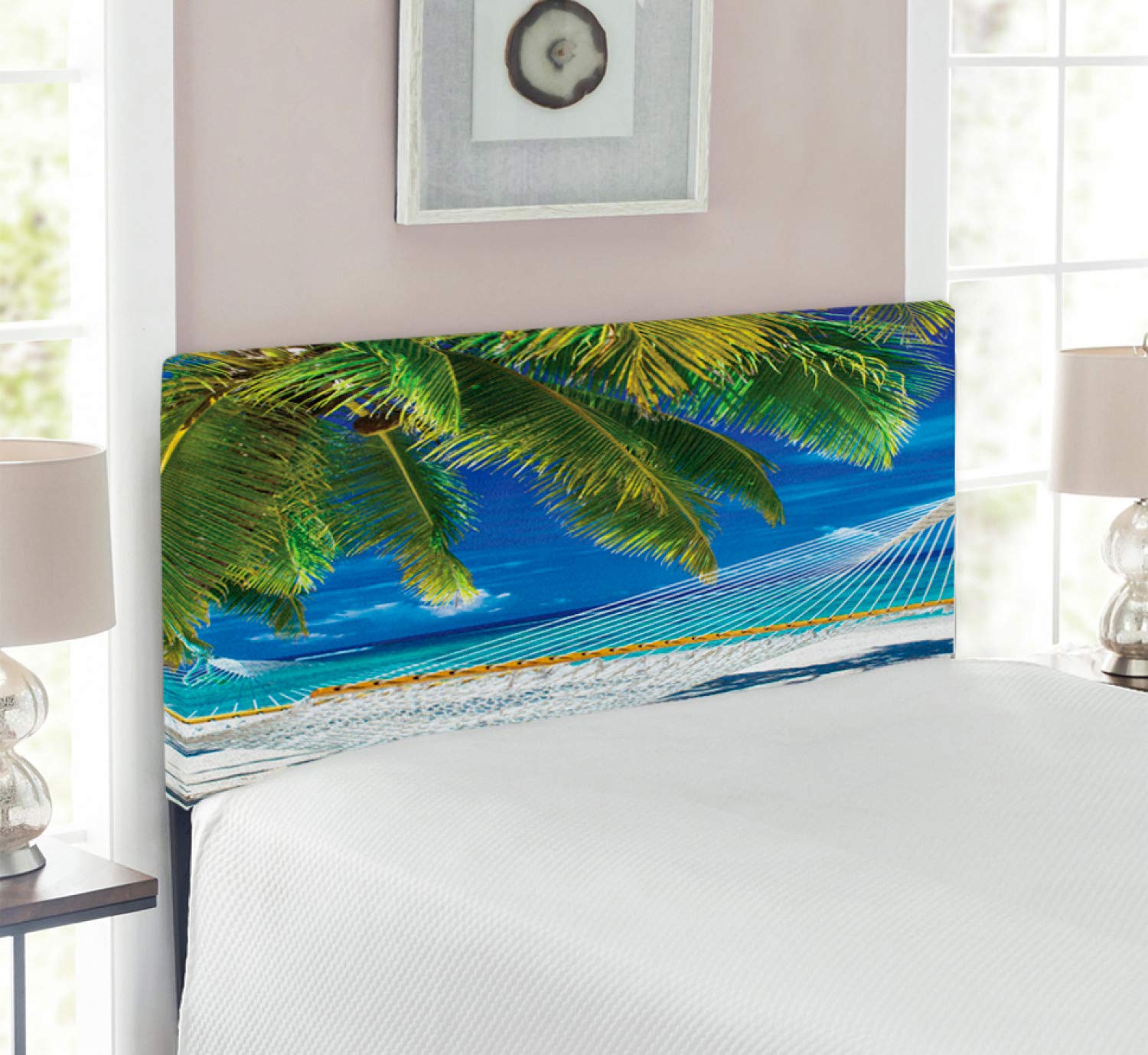 Ambesonne Beach-Themed Headboard - Twin Size Upholstered Metal Bed Headboard with Memory Foam | Coastal Palm Tree & Ocean View Design in Cream Navy Green | Perfect for Beach House, Vacation Home or Coastal Bedroom Decor