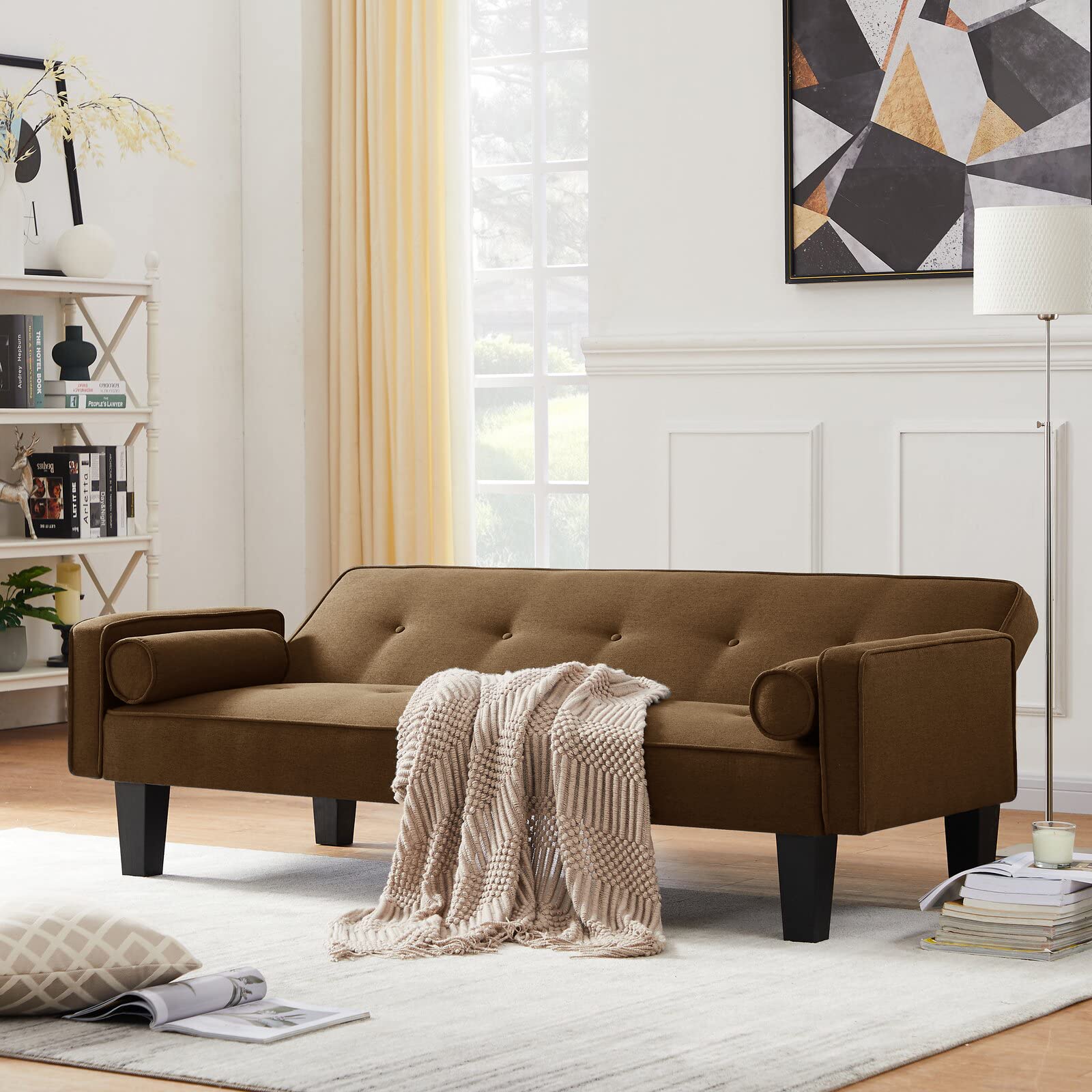 Modern Velvet Futon Sofa Bed with Pillows & Wooden Legs - Button Tufted Convertible Love Seat Couch for Small Apartments & Guest Rooms (Brown) | Perfect for Studio Living, Overnight Guests & Space-Saving Home Decor
