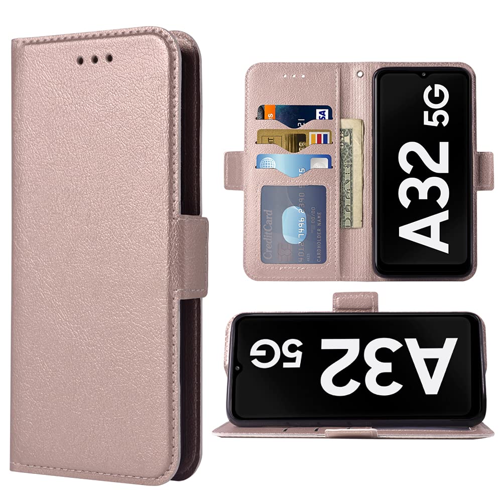 Samsung Galaxy A32 5G Wallet Case with Wrist Strap & Lanyard - Leather Flip Cover with Card Holder & Stand - Compatible with Galaxy A32 5G/A326U (Rose Gold) - Perfect for Work, Travel & Everyday Use