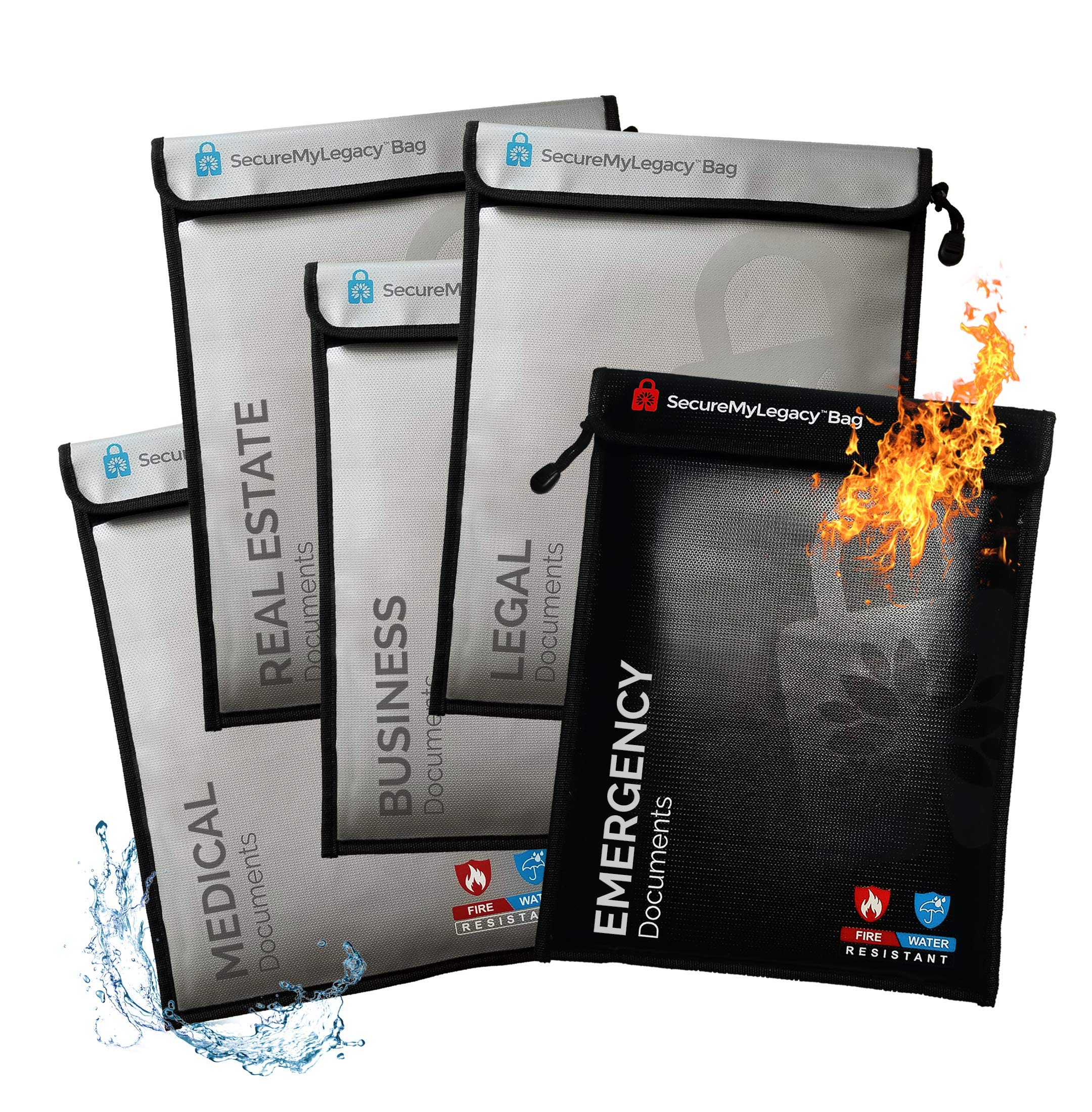 Fireproof Waterproof Document Bags - 5 Pack Secure Document Holder for Legal Papers, Passports & Cash - Protects Against Fire, Water & Smoke Damage - Ideal for Home Safes, Emergency Kits & Travel Essentials
