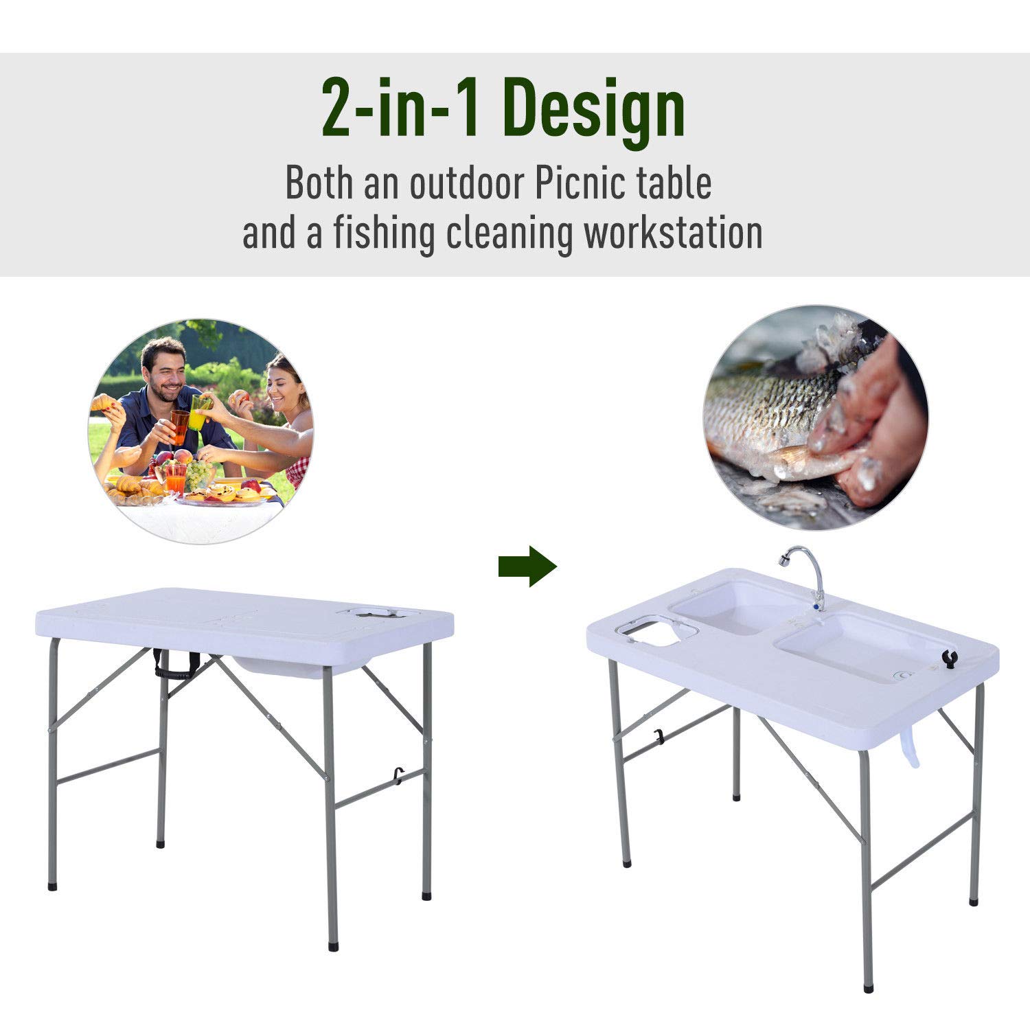 Portable Fish Cleaning Table with Folding Faucet Sink - 39.8
