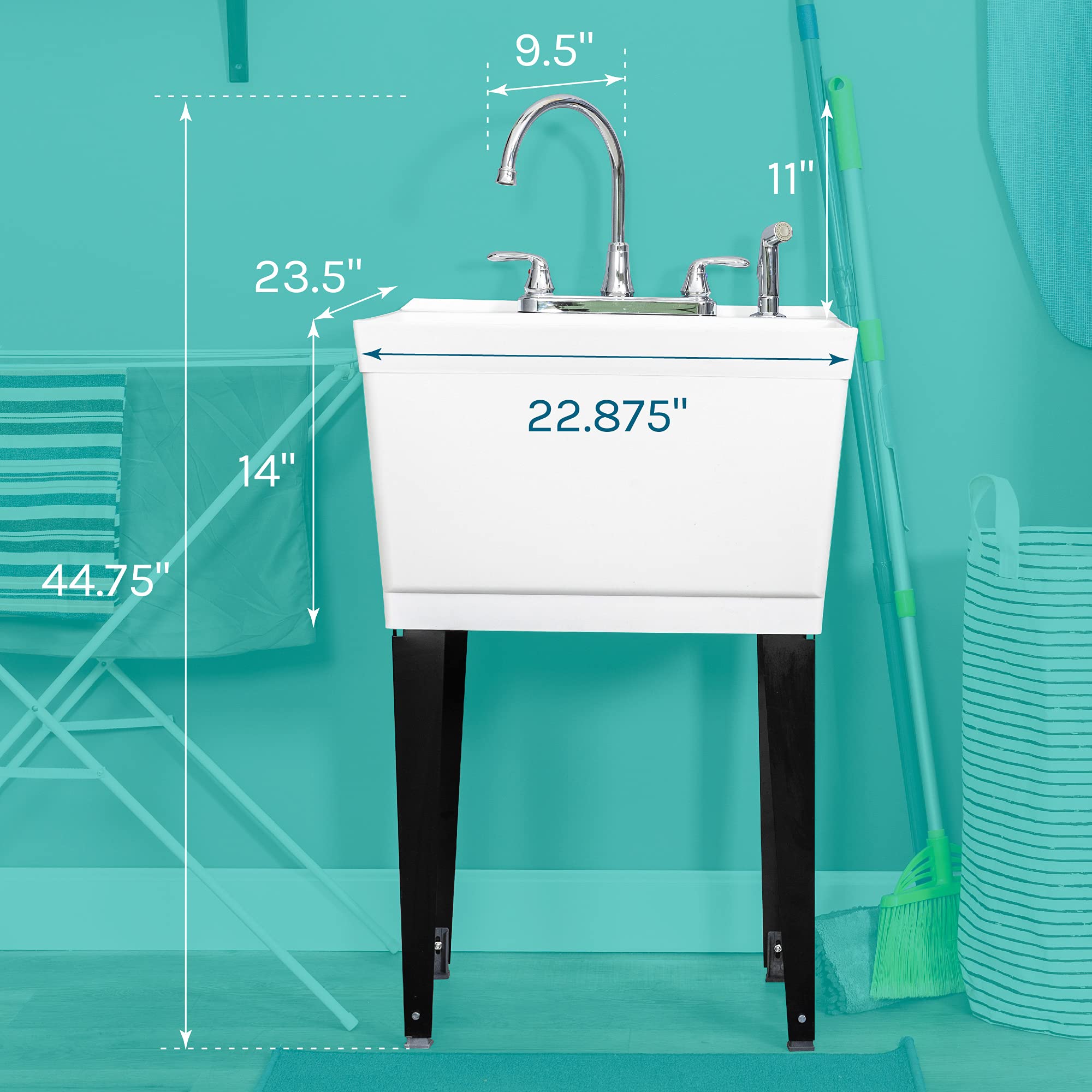 Heavy Duty Utility Sink with Gooseneck Faucet - Large Free Standing Laundry Tub for Basement, Garage & Laundry Room - Durable Slop Sink by JS Jackson Supplies - Perfect for Washing Clothes, Cleaning Tools & DIY Projects (Chrome Faucet)
