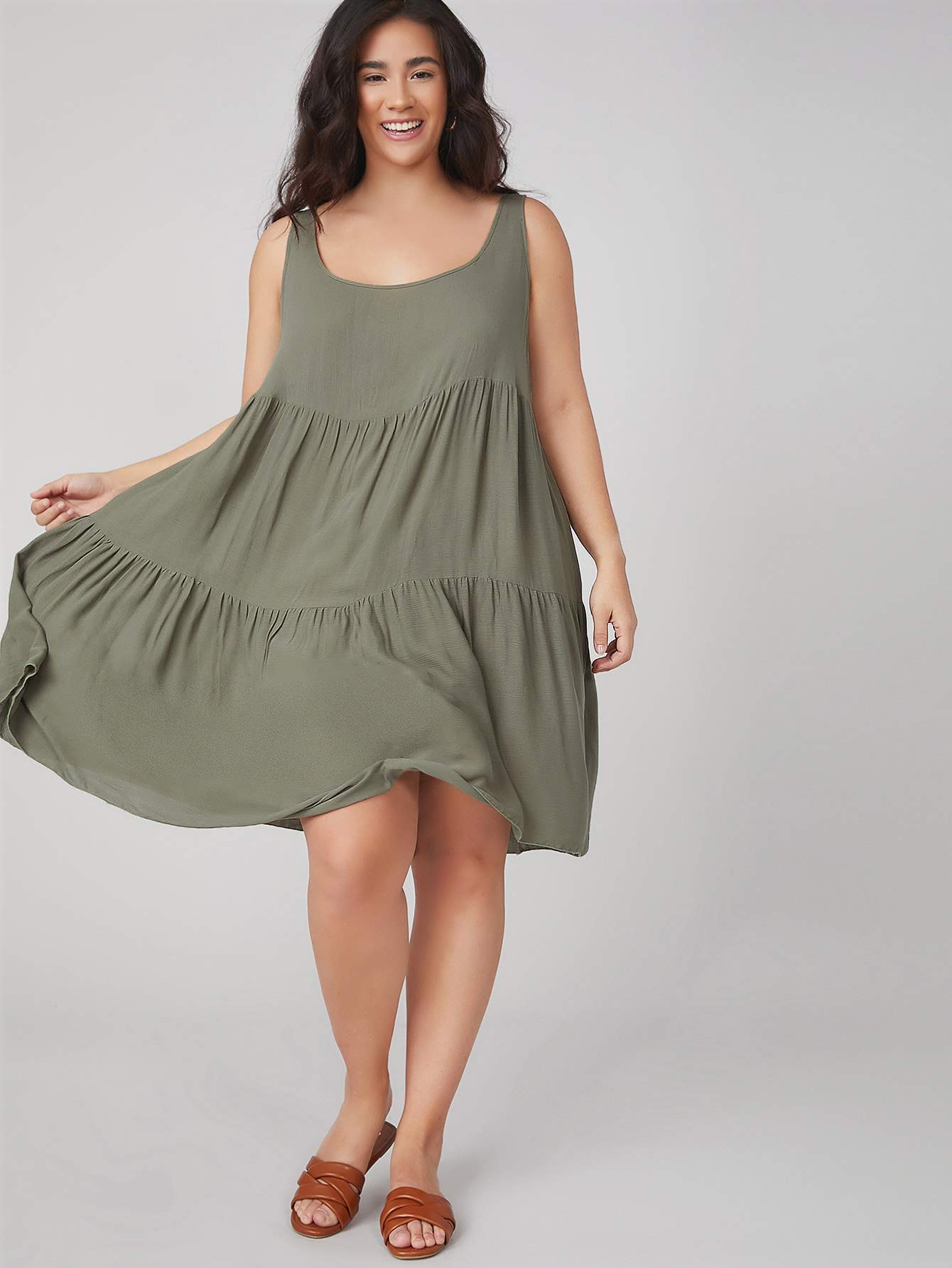 INOUJEKER Women's Plus Size Solid Flounce Hem Dress - Army Green XX-Large | Casual & Formal Wear for Office, Party & Special Occasions