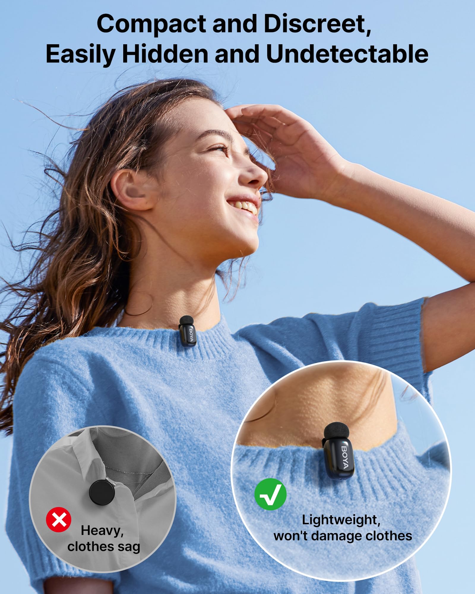 BOYA Mini Wireless Mic for iPhone Android PC - MFi Certified, Noise Reduction, 30H Battery for Video Podcast Recording