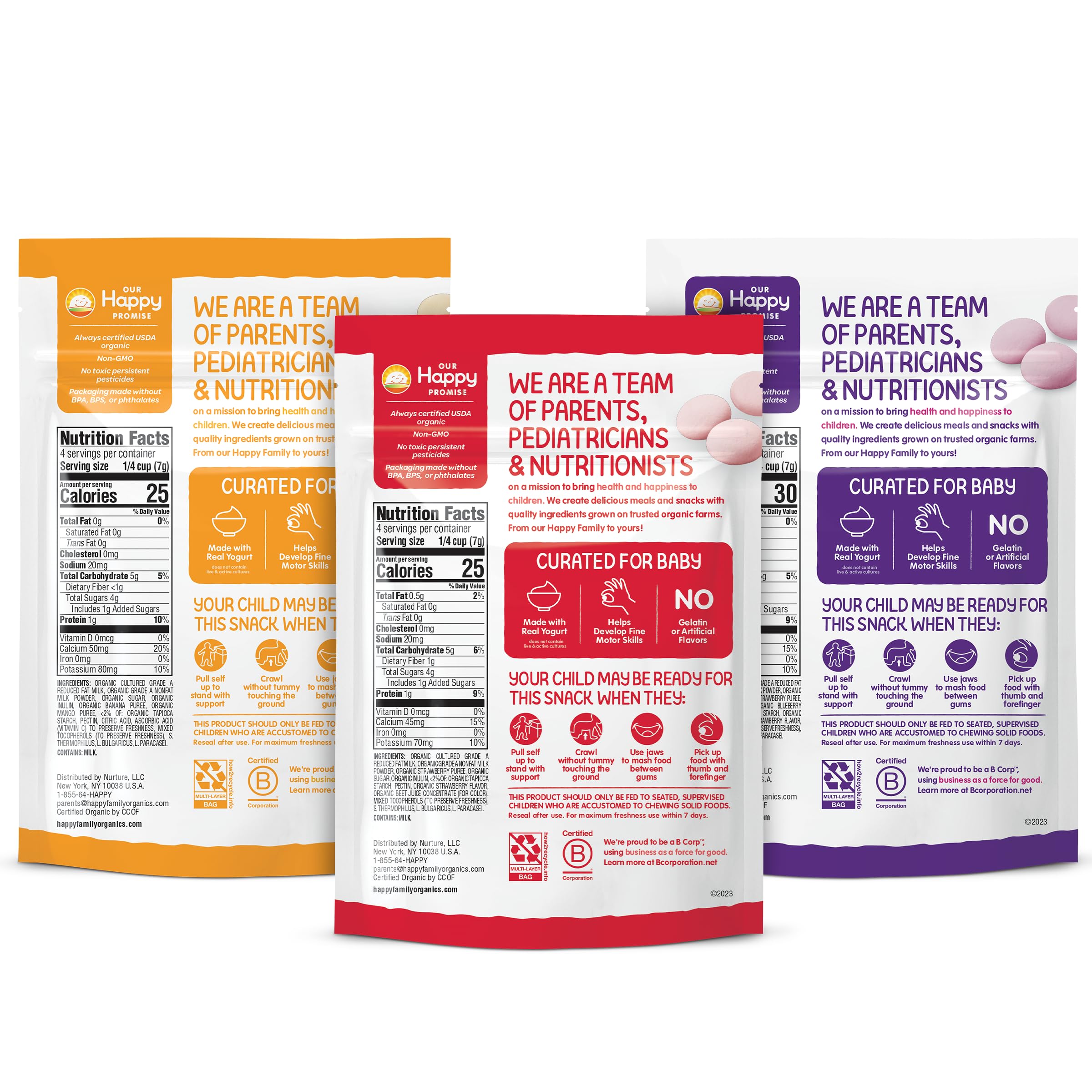 Happy Baby Organics Yogis Freeze-Dried Yogurt & Fruit Snacks - 3 Flavor Variety Pack (Strawberry, Banana & Mixed Berry), 1 Ounce (Pack of 3) | Healthy Toddler Snacks for On-the-Go, Lunch Box & Travel | USDA Organic, No Artificial Flavors