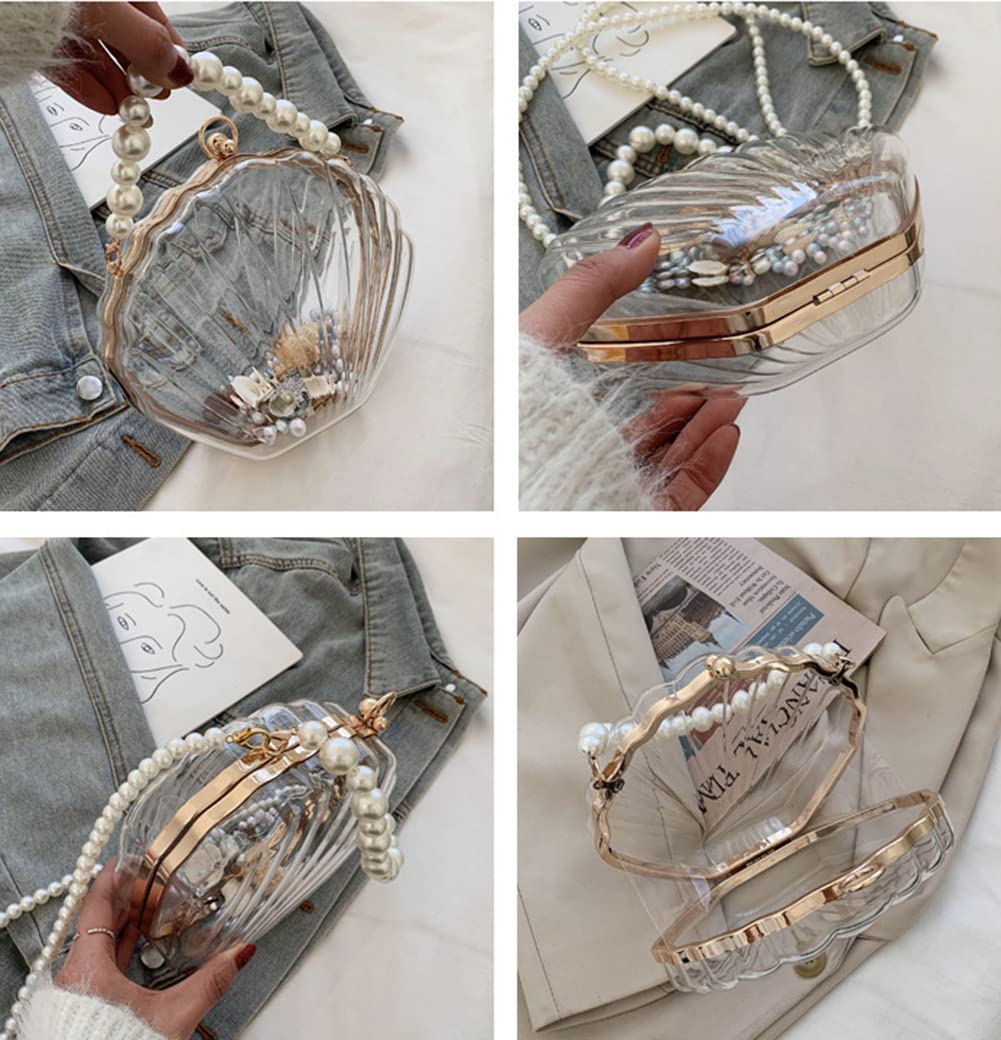 Fairy Shell Evening Purse for Women - Clear Transparent Handbag with Pearl Accents, Chic Party Clutch & Shoulder Bag - Perfect for Weddings, Prom, Cocktail Parties & Special Occasions