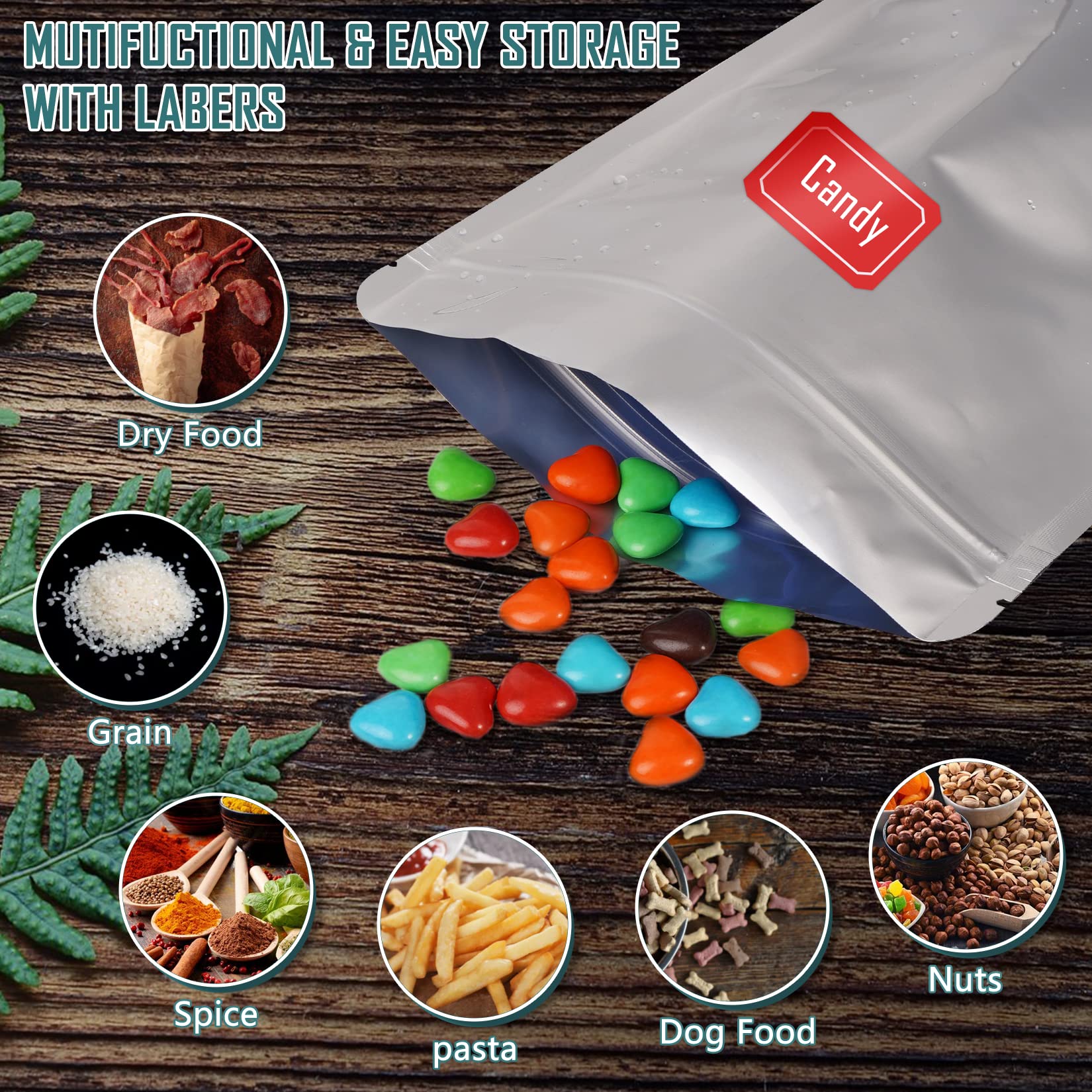 50 Pack 7.8 Mil 4''x6'' Mylar Bags for Long-Term Food Storage - Resealable, Smell Proof & Heat Sealable Stand-Up Foil Pouch Bags with 50 Labels - Perfect for Tea, Coffee, Herbs, Spices & Dry Food Storage - Ideal for Home, Camping & Emergency Preparedness