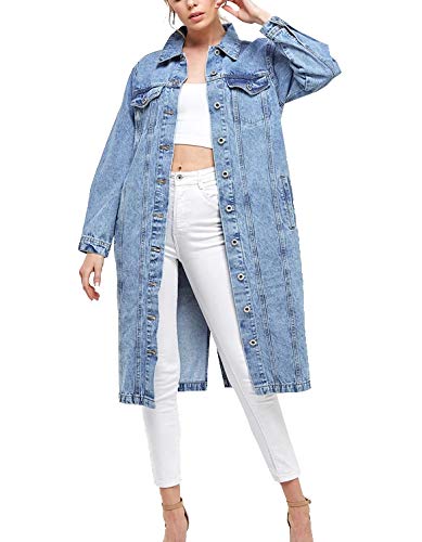 VKWear Women's Oversized Denim Jacket - Long Casual Maxi Cotton Coat with Button Up Design | Perfect for Spring Layering, Streetwear Fashion & Everyday Outfits