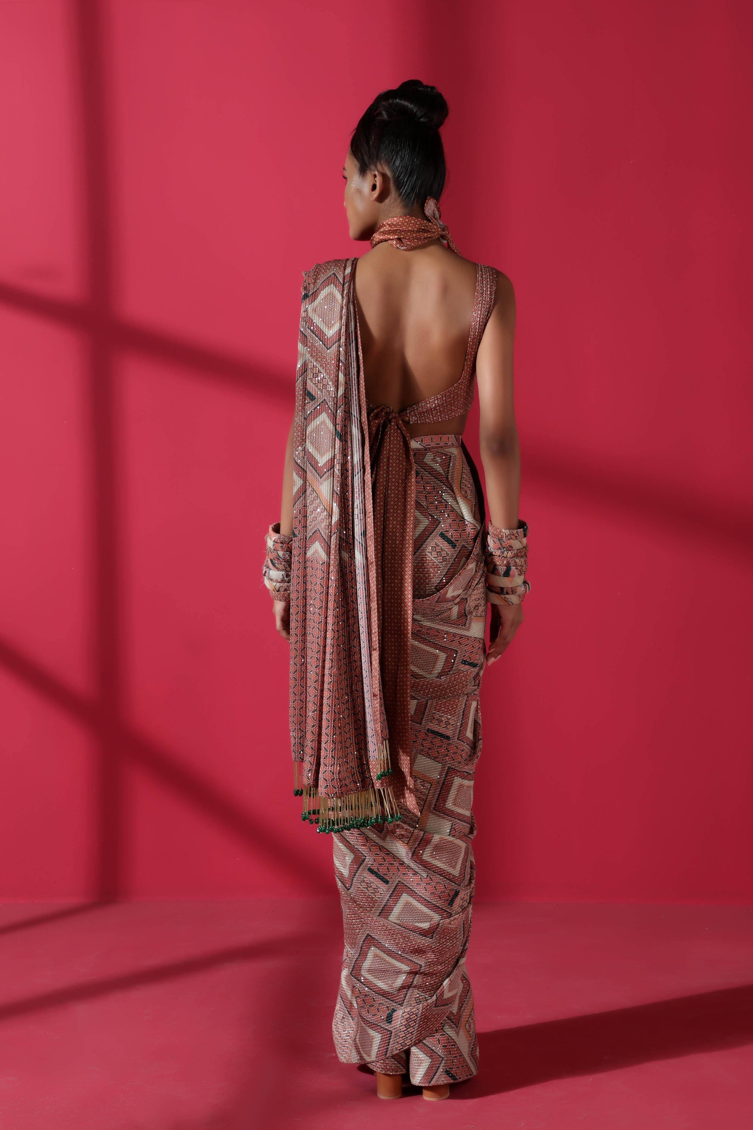 Terracotta Tile Print Two Piece Prepleated Saree With Georgette Blouse - Elegant Indian Ethnic Wear for Weddings & Festive Occasions