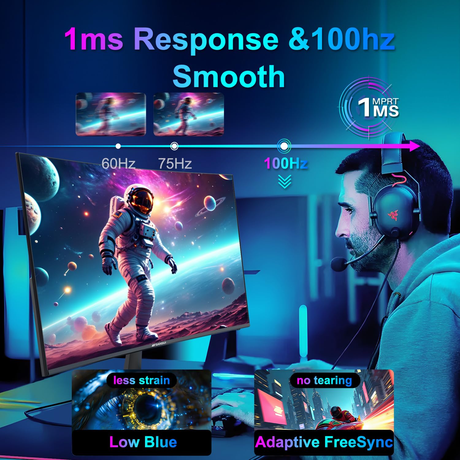 SANSUI 24 Inch Curved Gaming Monitor 100Hz USB-C with Built-in Speakers, 1ms MPRT, Adaptive Sync, HDR, 1500R Curvature, VESA 75x75mm - Perfect for Home Office, Gaming & Entertainment (Includes HDMI Cable ES-24C1)