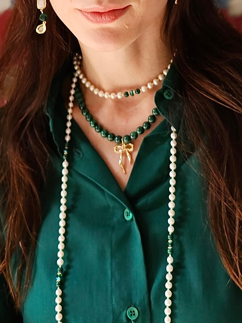 Malachite and Freshwater Pearls Long Necklace - Elegant Versatile Jewelry for Women, Perfect for Parties, Weddings & Everyday Wear NN035