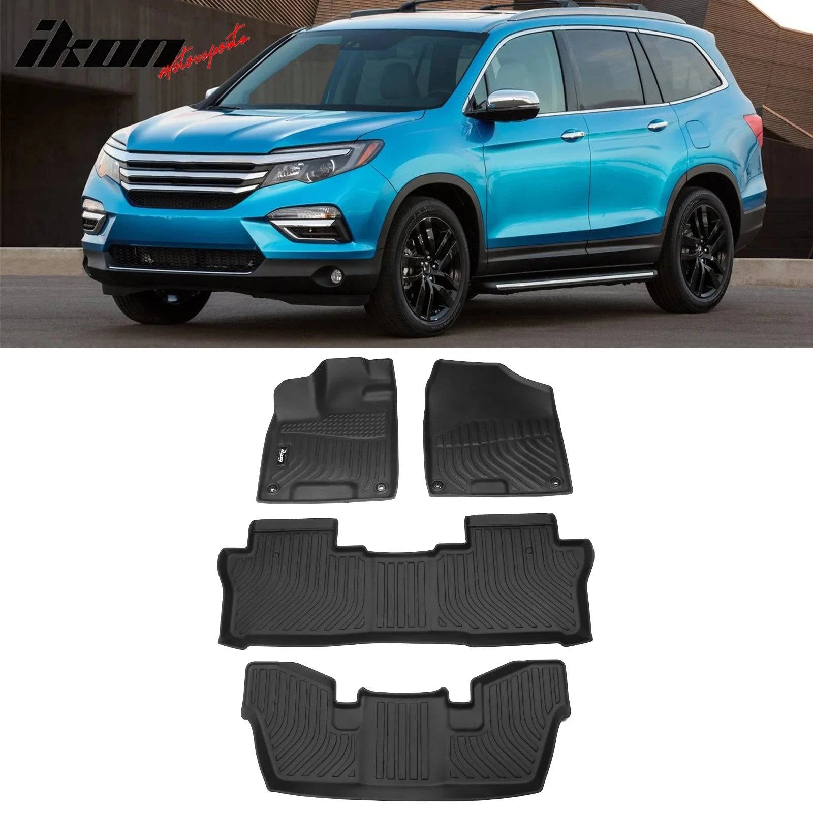 IKON Custom 3D Molded All-Weather Floor Mats for 2016-2023 Honda Pilot - 7 Passenger Seat Protection - Black TPE Thermo Plastic Elastomer Liners (4-Piece Set) - Front & Rear Row Coverage - Perfect for Road Trips, Family Outings and Winter Protection