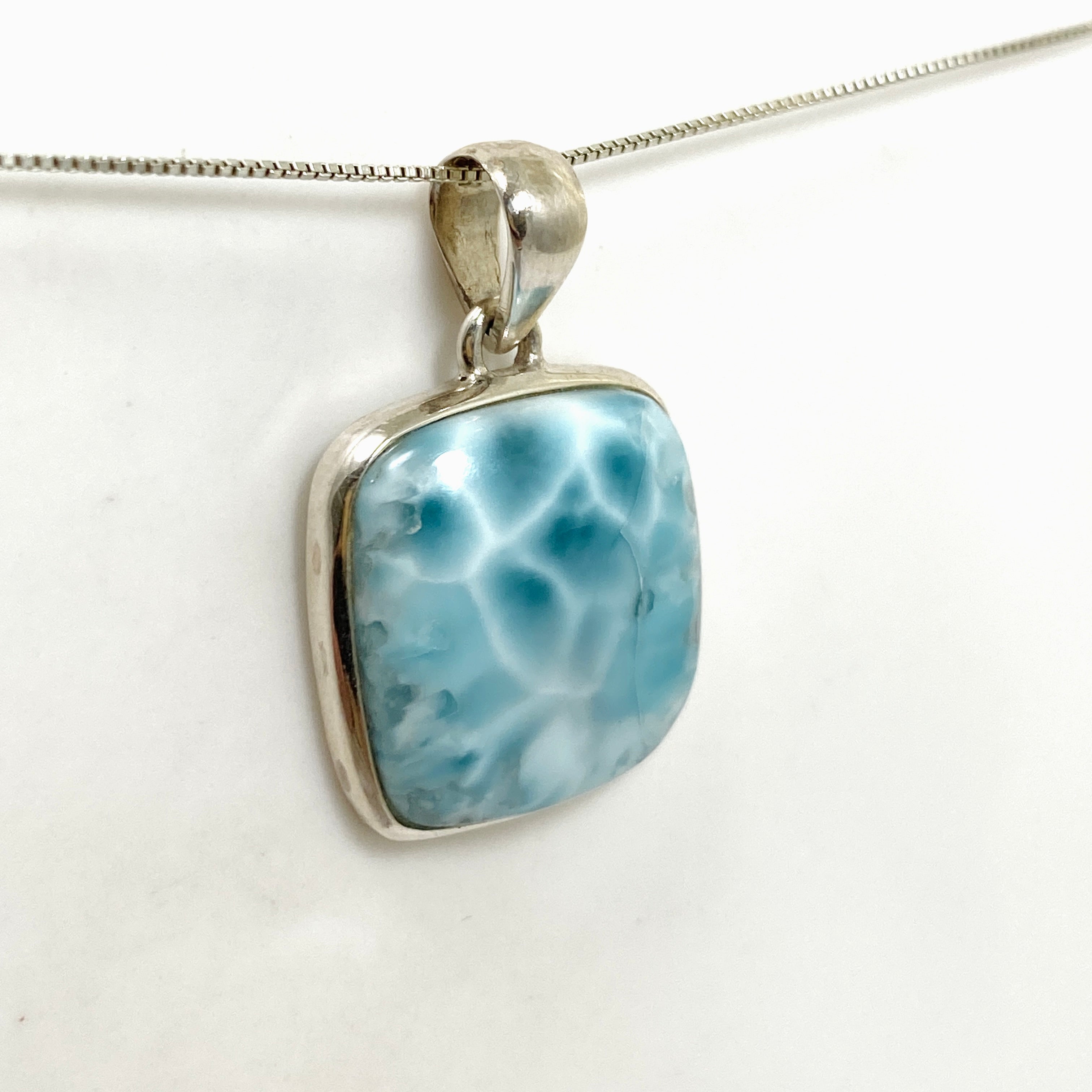 Natural Larimar Square Cabochon Pendant Necklace - Handmade Blue Stone Jewelry for Women - Perfect for Beach Vacation, Boho Style & Gift Giving