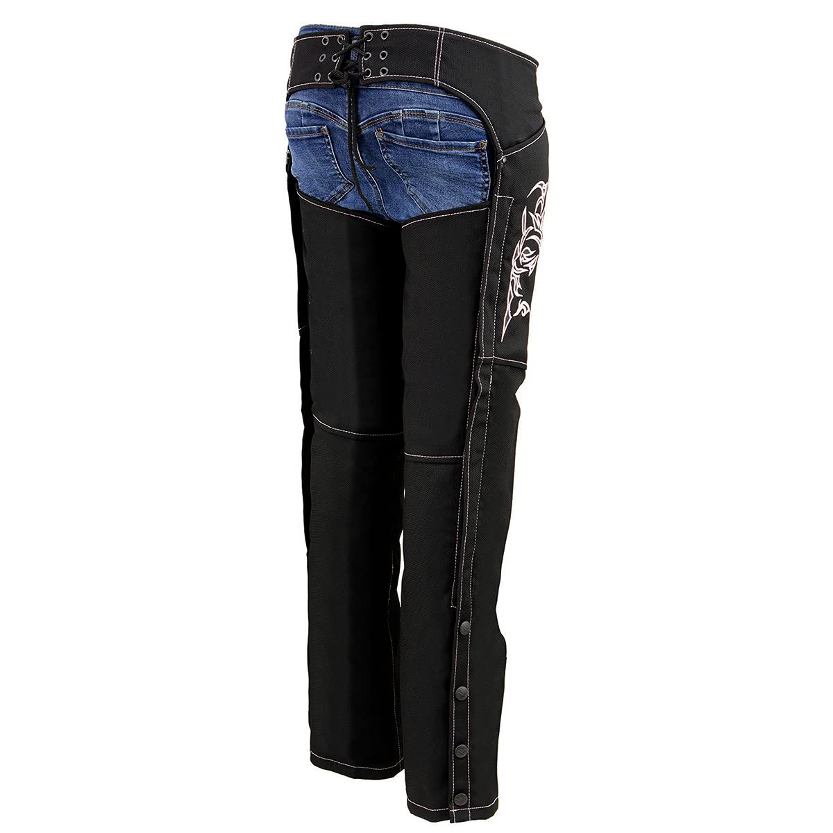 Milwaukee Leather SH1182 Women's Motorcycle Riding Chaps - Black & Pink Textile with Tribal Embroidery for Harley Davidson & Cruiser Bikes | Perfect for Long Rides & Motorcycle Events