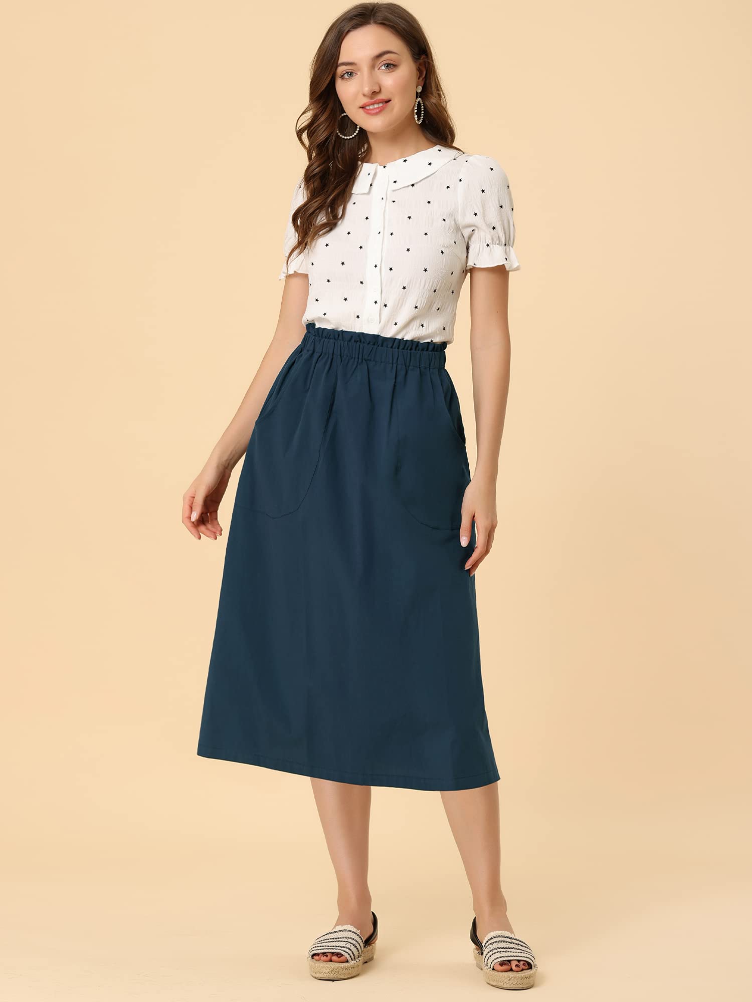 Allegra K Women's Casual Cotton Skirt - Elastic Waist A-Line Midi Skirt with Pockets | Summer Boho Peasant Skirt for Beach, Travel & Everyday Wear