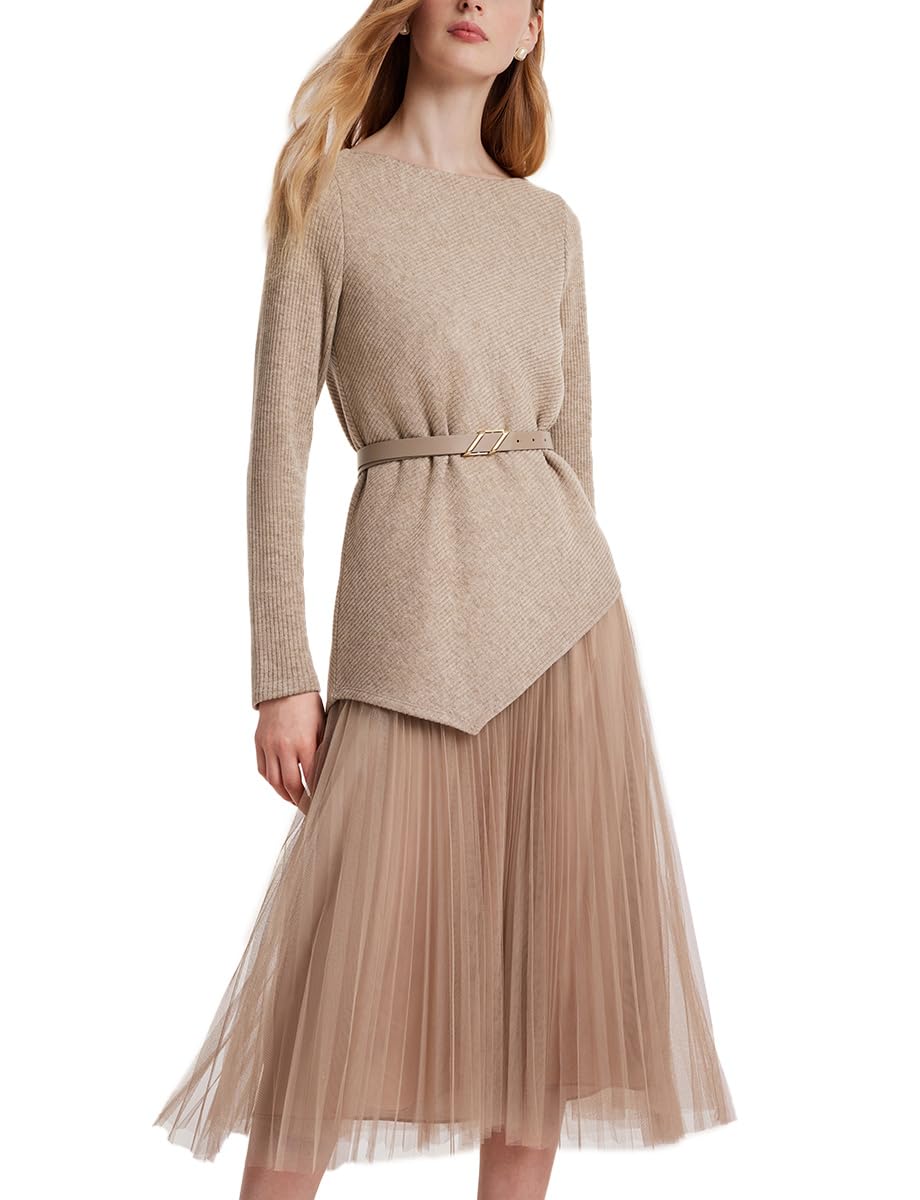 Trendy 2023 Women's Long Sleeve Pullover Top & Tulle Skirt Set with Belt - Elegant Outfit for Party, Date Night & Special Occasions