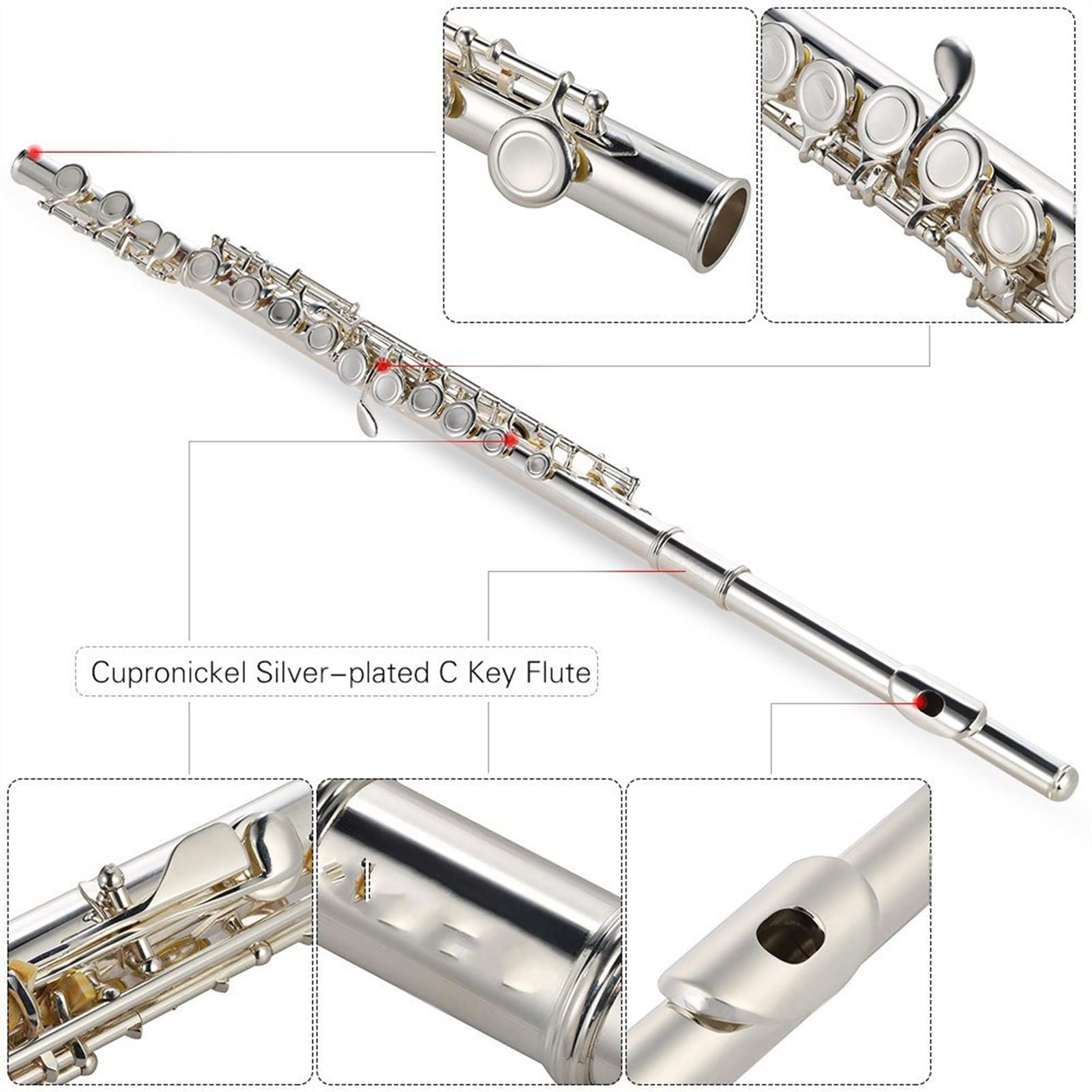 Professional C Key Flute - 16 Closed Holes Cupronickel Silver Plated Wind Instrument with Case & Screwdriver | Perfect for Beginners & Students | Ideal for School Bands, Practice & Performances