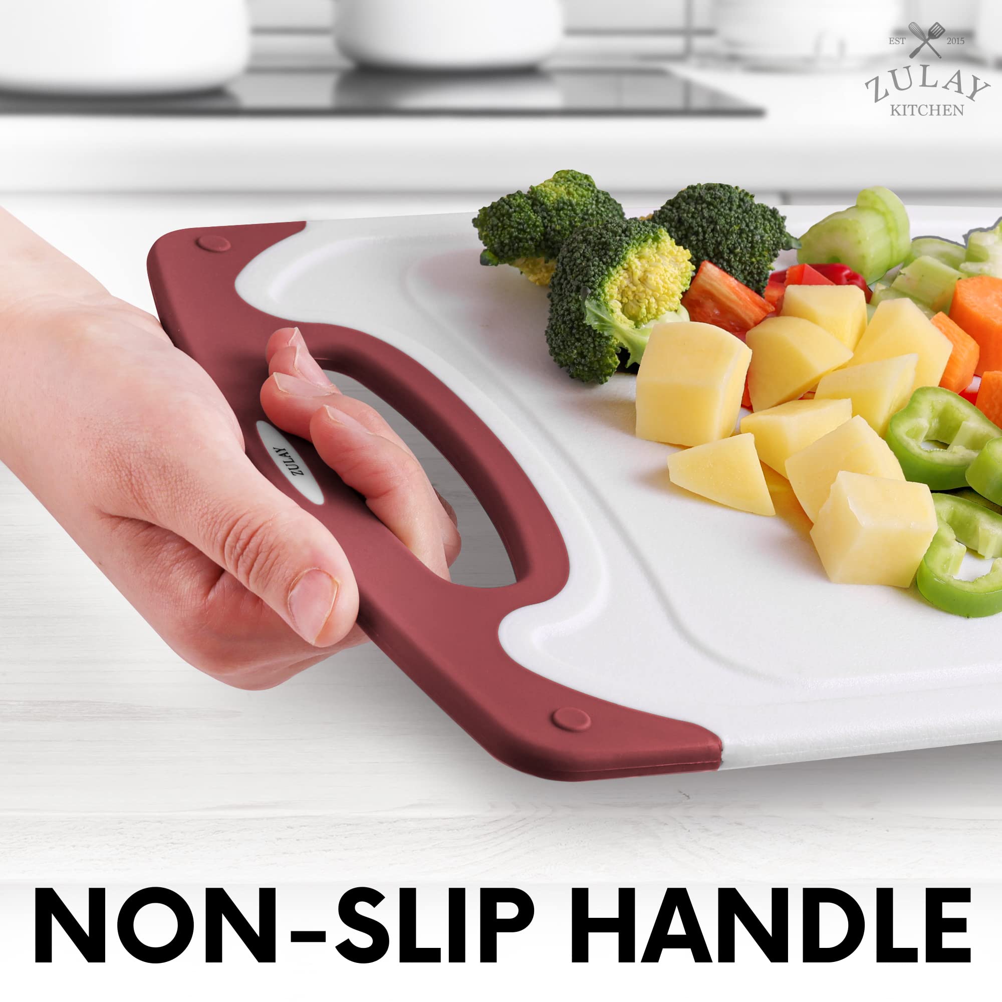 Zulay Kitchen 3-Piece Plastic Cutting Board Set - Dishwasher Safe, Non-Slip with Juice Groove - White & Red Multiple Sizes for Meat, Vegetables & Fruits - Perfect for Home Cooking & Meal Prep