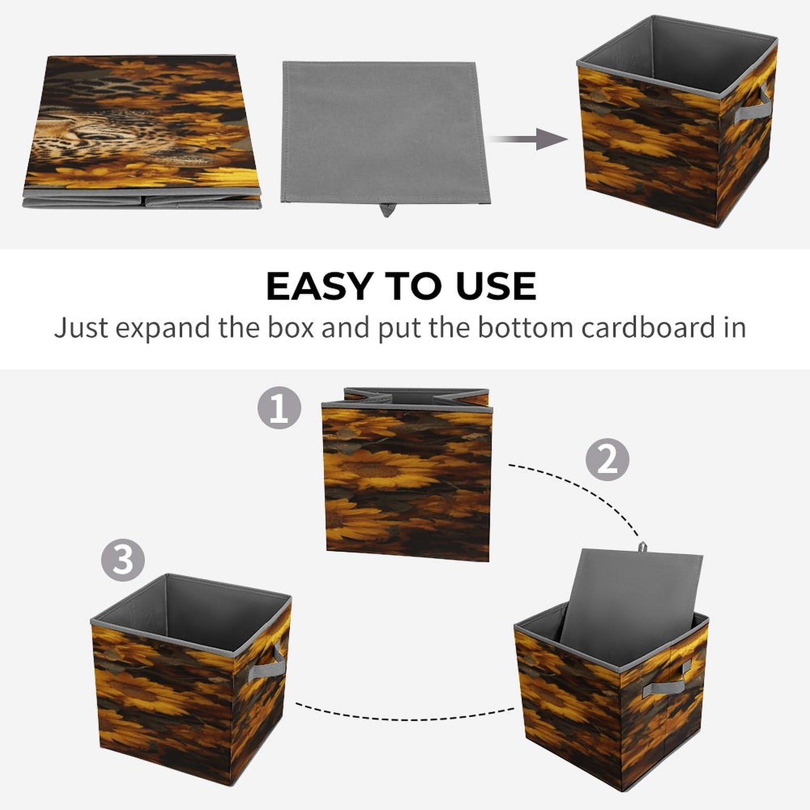 Collapsible Storage Cubes 10.6x10.6 Inches - Leopard & Sunflower Printed Foldable Bins with Handles for Home Organization | Perfect for Closet, Nursery, Office & Laundry Room Storage