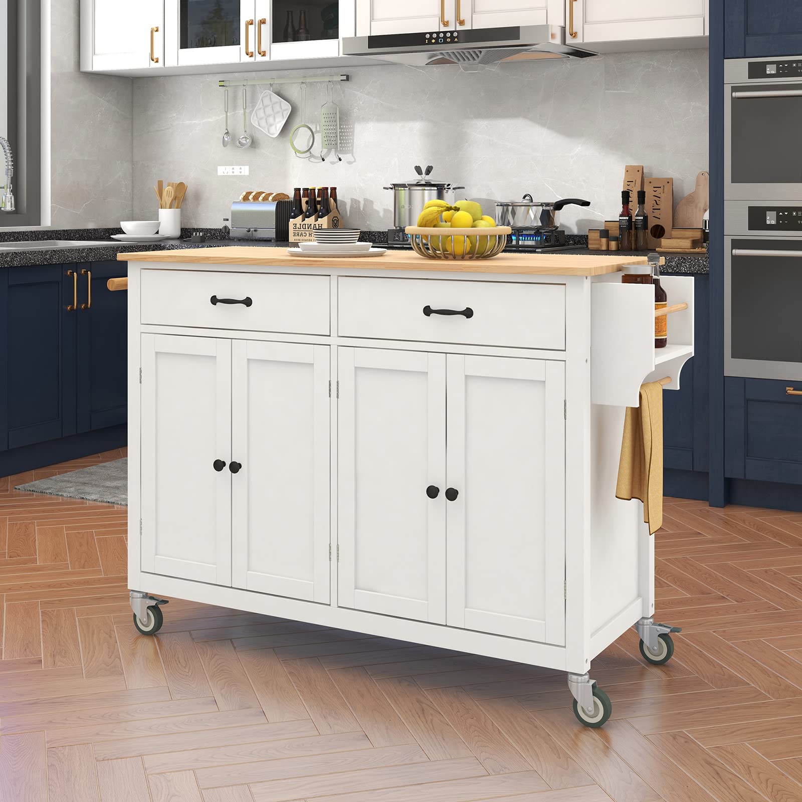 White Kitchen Island Cart with Drawers & Storage Cabinet - Rolling Utility Trolley with 2 Locking Wheels, Towel Holder & Spice Rack - Sturdy, Durable & Easy Assembly for Small Kitchens, Dining Rooms & Food Prep Areas