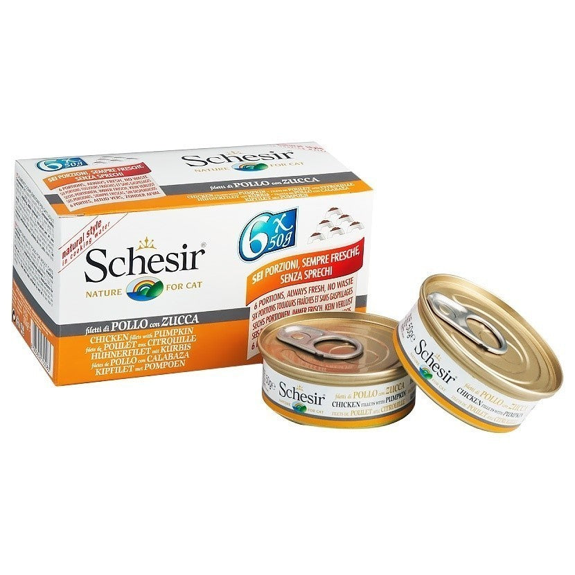 Premium Schesir Cat Wet Food Multipack (6x50g) - Tuna, Beef, Chicken & Seabass Flavors - Grain-Free, High Protein, Natural Ingredients for Adult & Senior Cats - Perfect for Mealtime, Travel & Treats