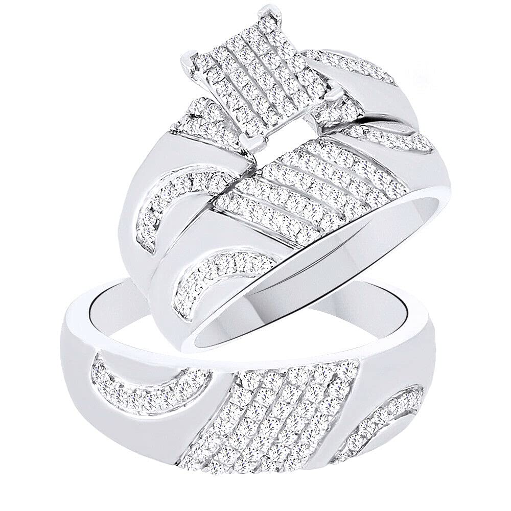 14K White Gold Over Sterling Silver Round Cut White Diamond Wedding Band Set - Bridal Trio Rings for Him & Her | Perfect for Anniversaries, Engagements & Romantic Gifts