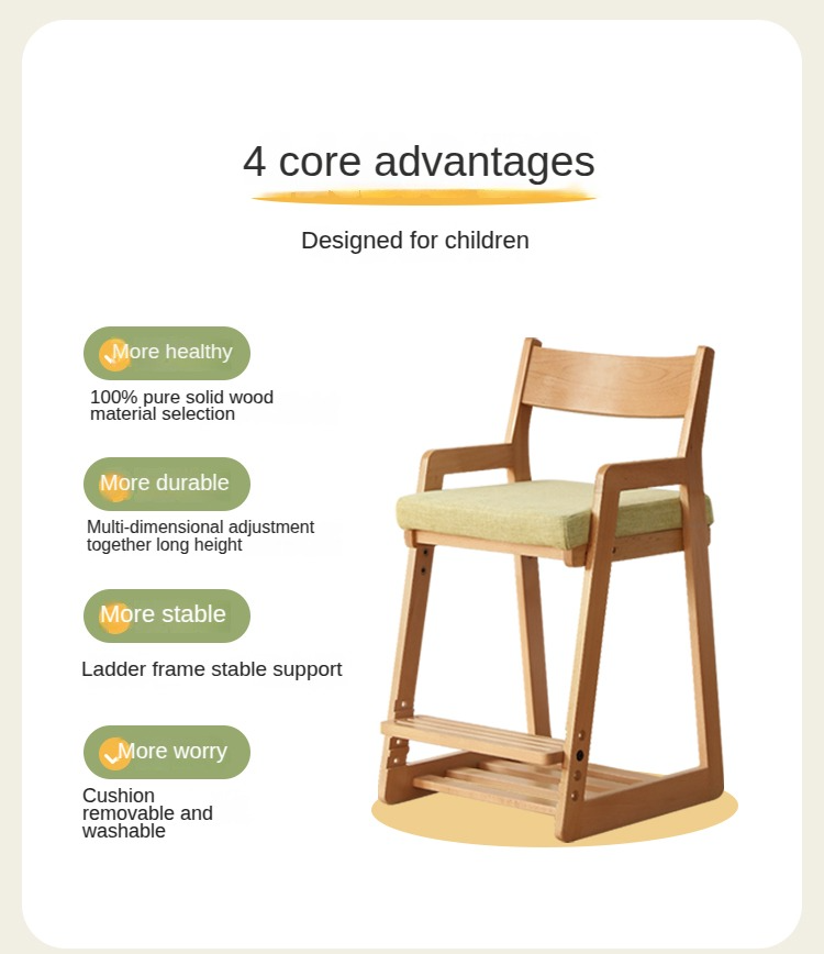 Solid Wood Lift Children's Chair - Beech & Oak Wooden High Chair for Kids - Perfect for Dining, Learning & Playtime at Home