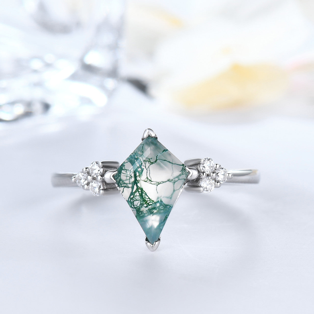 Vintage Kite-Shaped Natural Moss Agate & Diamond Engagement Ring in 14K White Gold - Perfect for Romantic Proposals, Anniversaries & Unique Bridal Jewelry