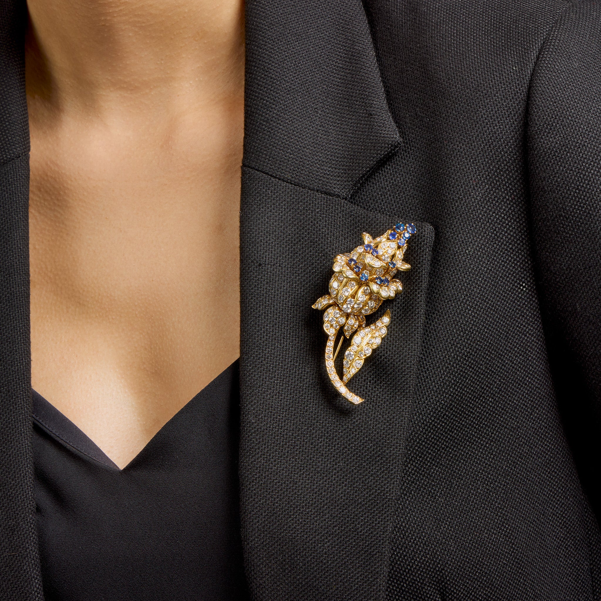 Lacloche Frères Vintage Diamond & Sapphire Floral Brooch Pin - Elegant Antique Jewelry for Weddings, Parties & Special Occasions