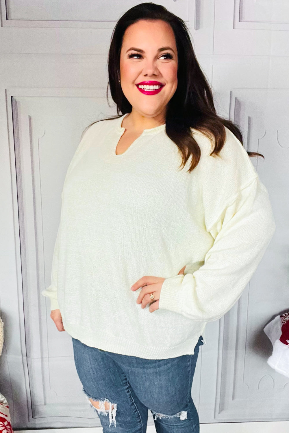 Ivory Oversized Notched Neck Patch Sweater - Cozy & Stylish Knit Pullover for Women | Perfect for Fall, Winter & Casual Outings